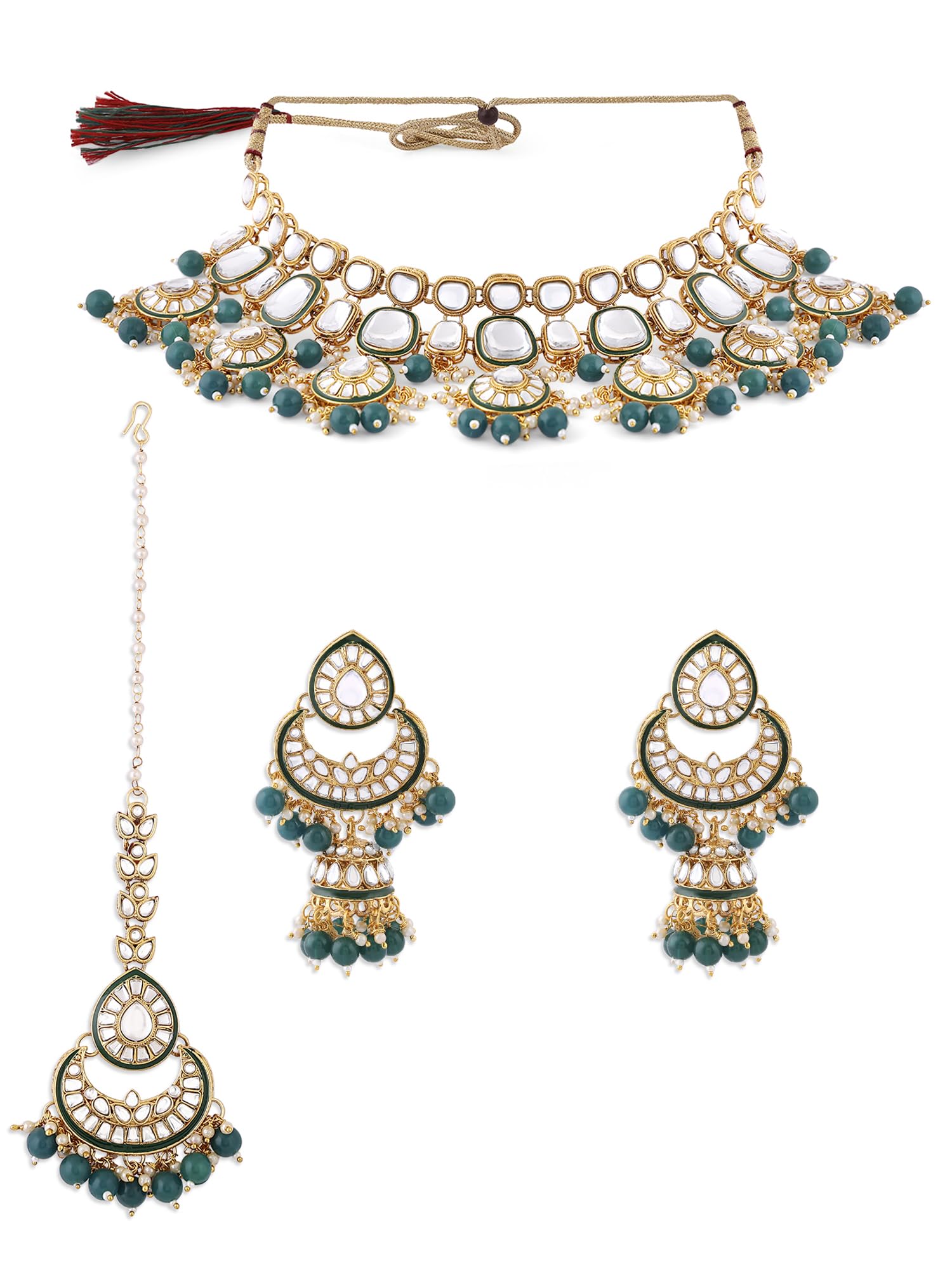 ZAVERI PEARLS Green Meenakari Bridal Kundan Choker Necklace Earring & Maangtikka Set For Women-ZPFK17581 (B0CWNZ1F3Q) Amazon Price History, Amazon Price Tracker