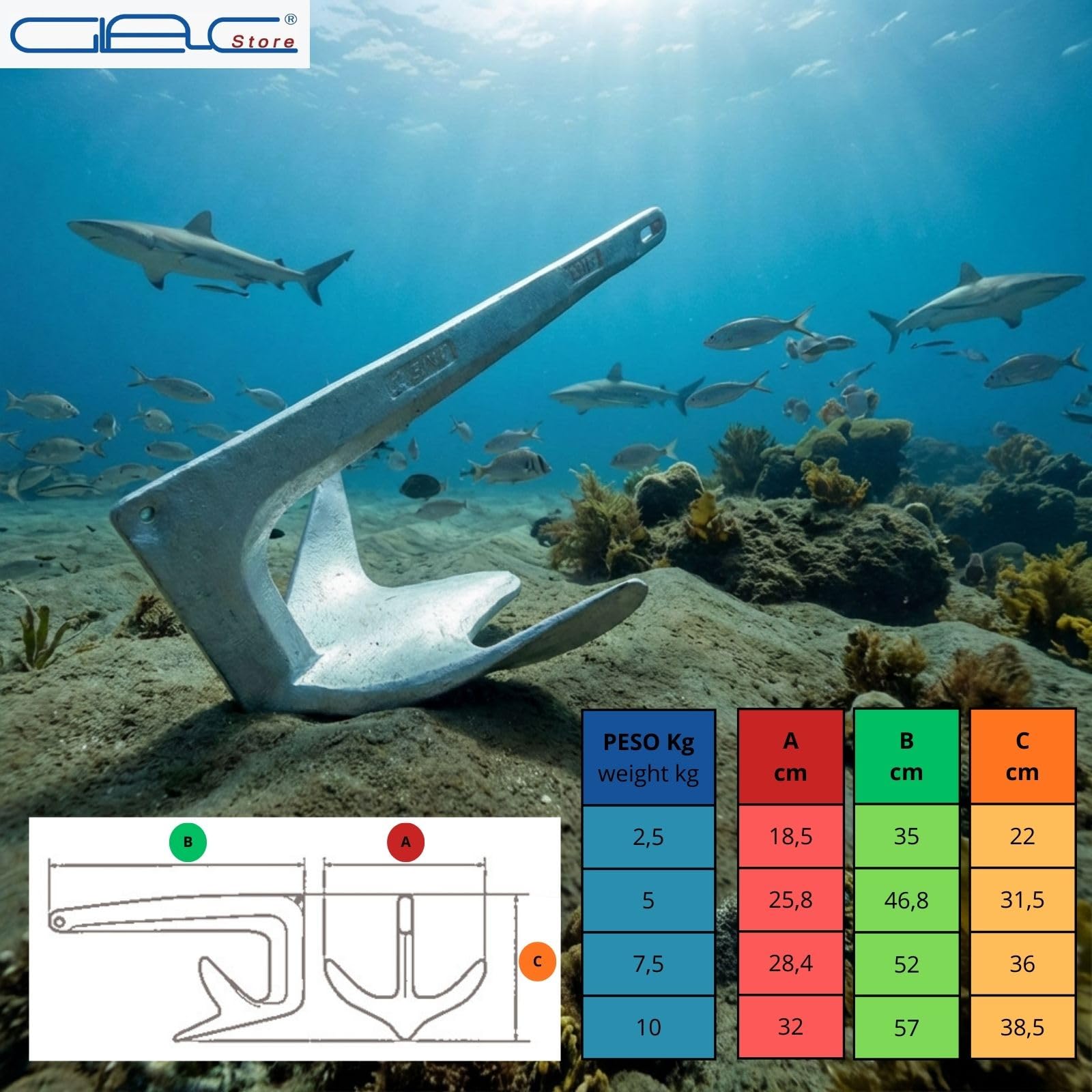 Ancora Bruce Trefoil in Acciaio Zincato a Caldo con Cima Galleggiante 30m e Moschettone Inox, Monoblocco per Barca e Gommone, 2,5Kg 5Kg 7,5Kg 10Kg