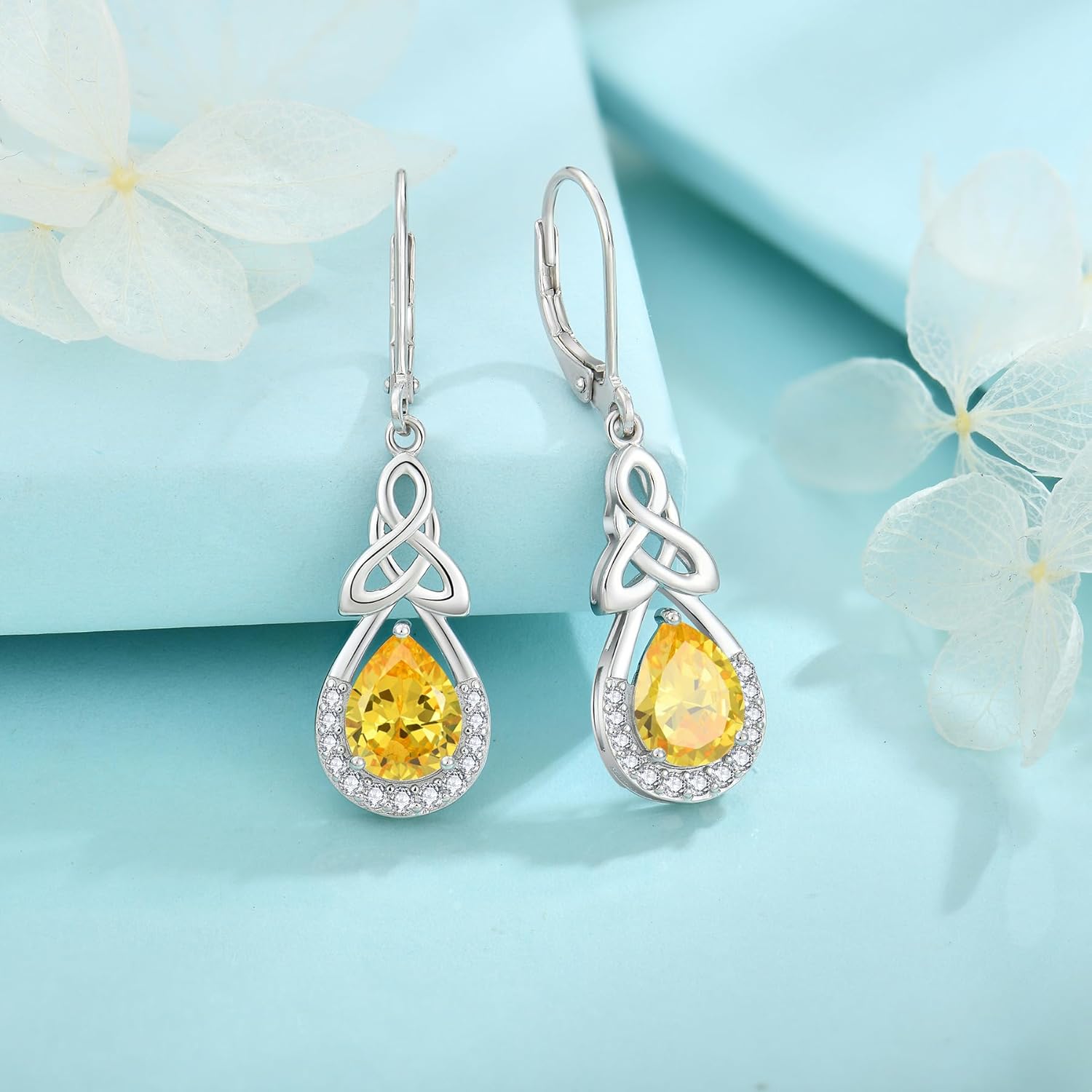 FJ Celtic Knot Dangle Drop Earrings 925 Sterling Silver Infinity Teardrop Leverback Earrings Birthstone Jewelry for Women - Image 4