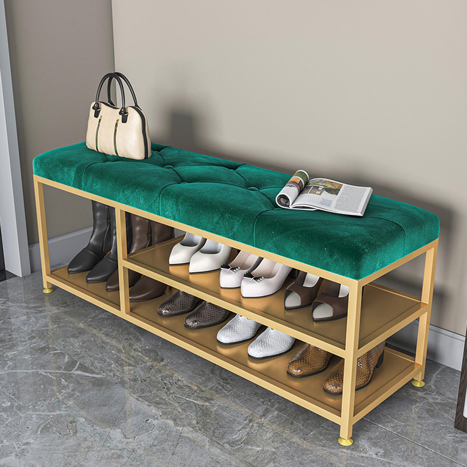 Banc d'entrée en velours pour ranger vos bottes et vous chausser