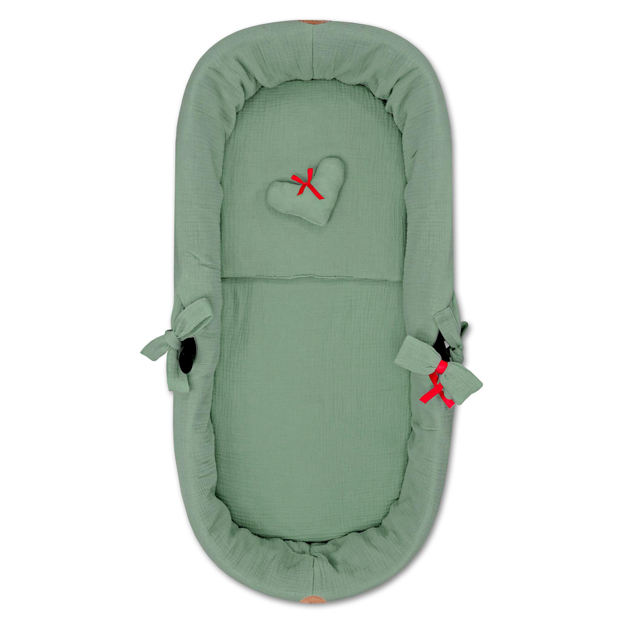 Accessori per passeggino carrozzina mussola neonato Inserto navicella - set 3 pezzi con nido cuscino e materassino cotone morbido inserto Verde
