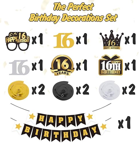 Miniatura 509 de LINGTEER Happy 65th Birthday Decorations Set - 12Pcs Black & Gold Swirls Streamer,Happy Birthday Bunting Banner,Cheers to 65 Years Old Bday Party