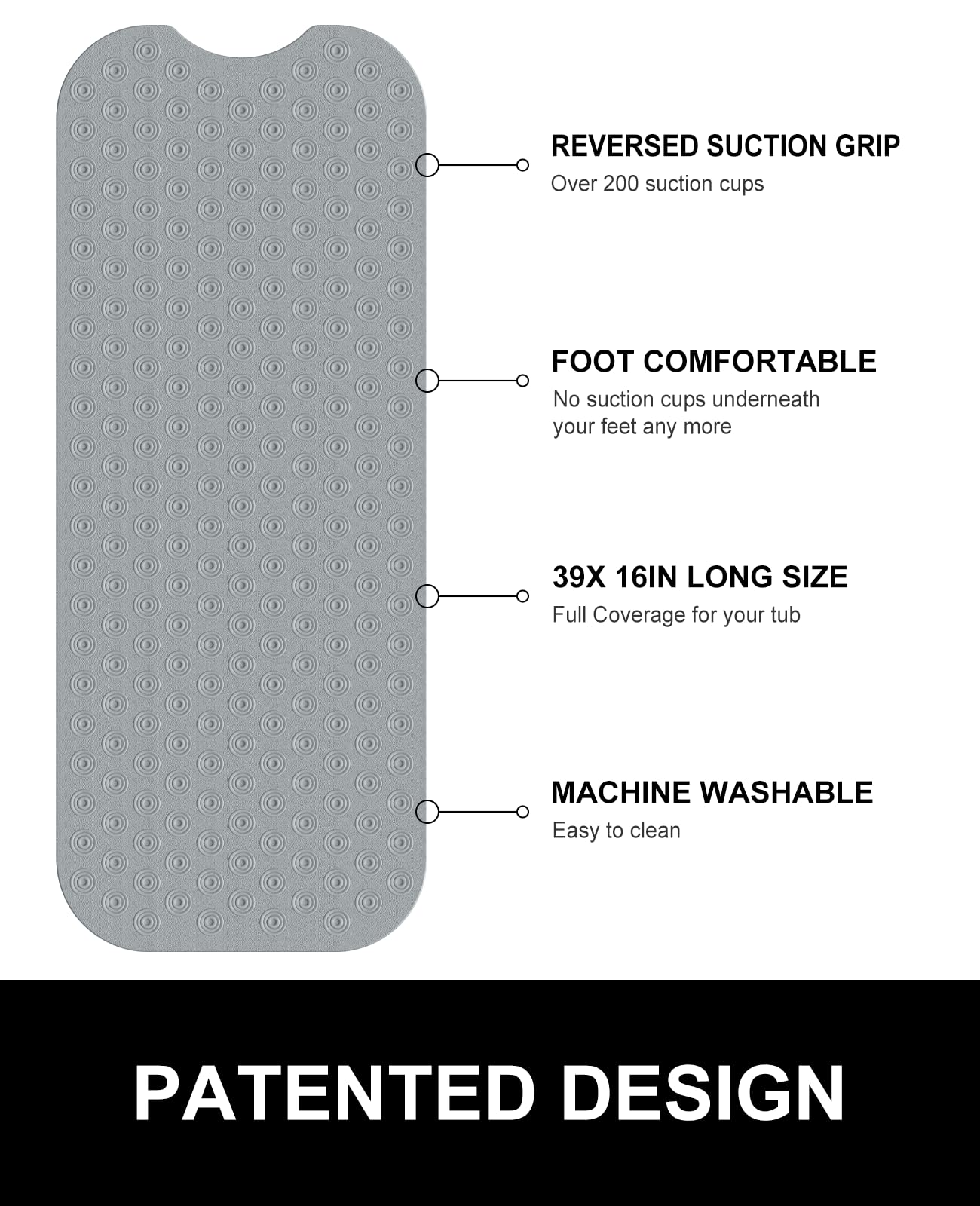 Yolife No Suction Cup Bath Mat: 40x100CM Extra Long Bathmat│Perfect for Refinished Bathtub Mat│Made of Nature Rubber│a Blessing for the Elderly and Children (Dark Grey) - Image 4