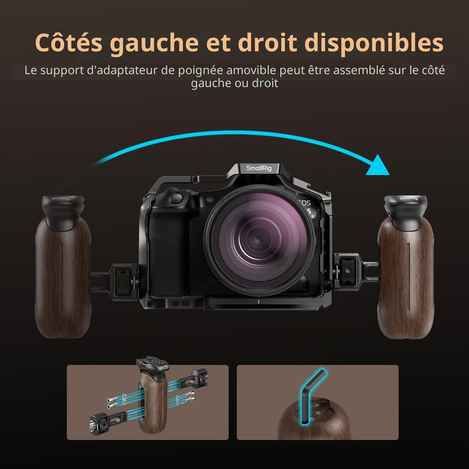 SMALLRIG Poignée Latérale en Bois pour Cages d'Appareil Photo avec Vis de Positionnement 2 en 1, Poignée Ergonomique Côté Gauche ou Droit, Réglage Vertical de 29 mm, Capacité de Charge de 15 kg - 5238