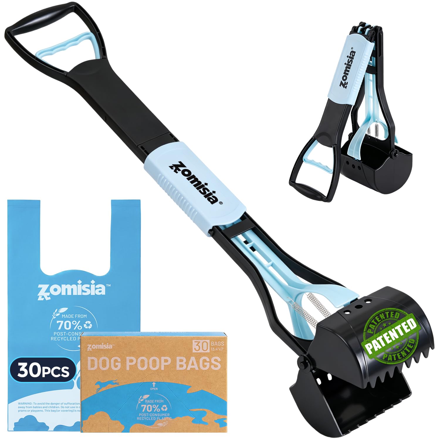 ZOMISIA 32' Long Handle Collapsible Pooper Scooper with 30 Count Waste Bags