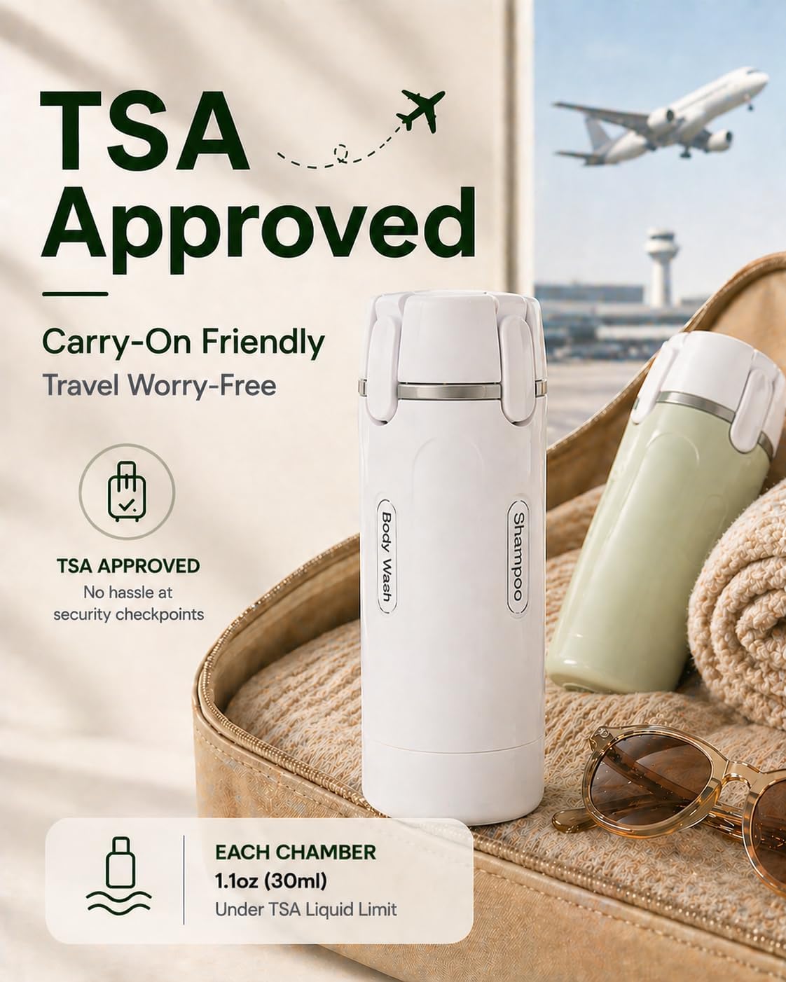 4 in 1 Travel Dispenser Bottle, TSA Approved Leak Proof Refillable Toiletry Containers for Shampoo, Conditioner, Lotion & Skincare – Easy Clean Travel Bottles for Gym, Business