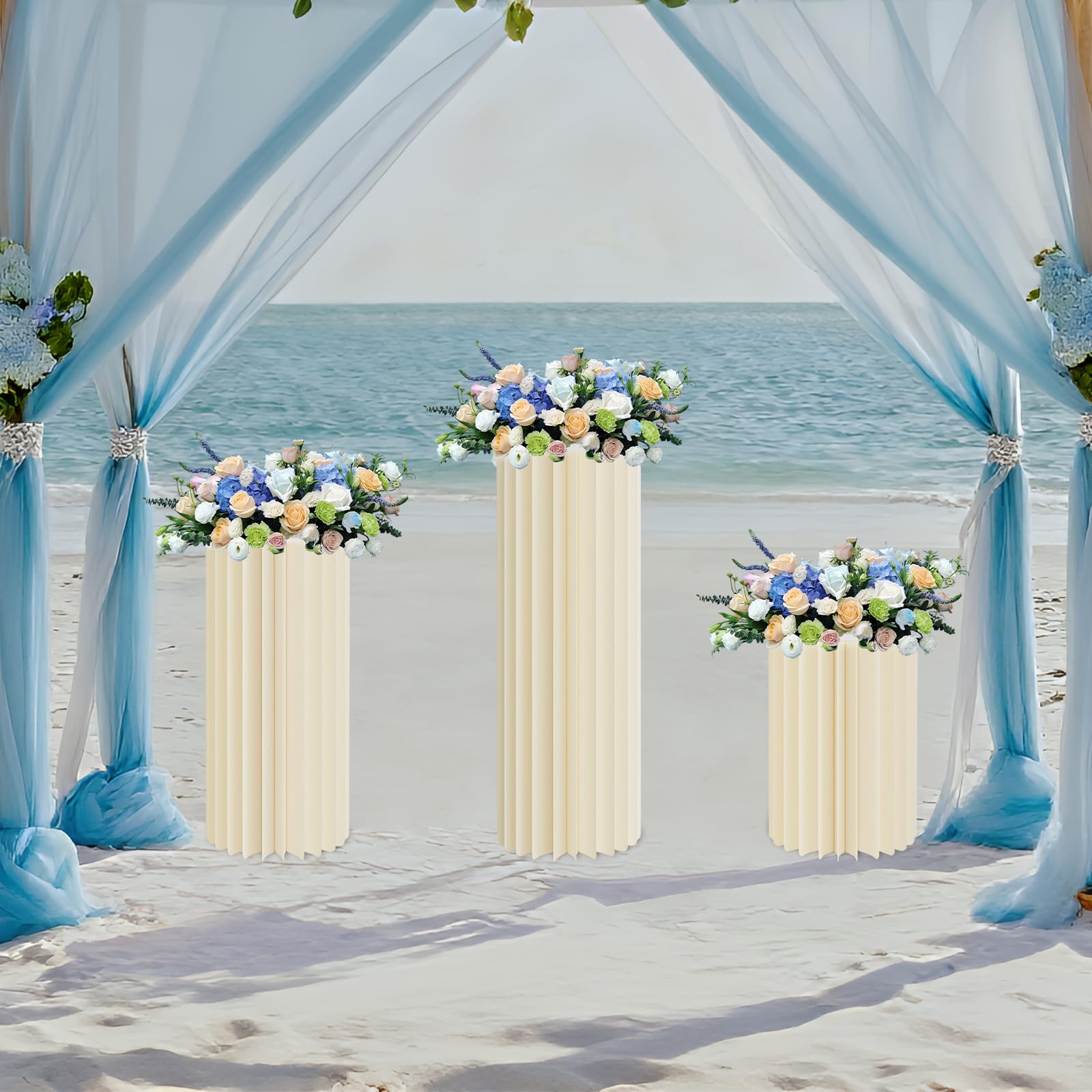 Juego de 3 centros de mesa plegables de cartón, altura 40/60/80 cm, soporte cilíndrico para flores con capacidad de carga de 25 – 30 kg, pantalla de columna de papel y PVC, fácil de plegar y
