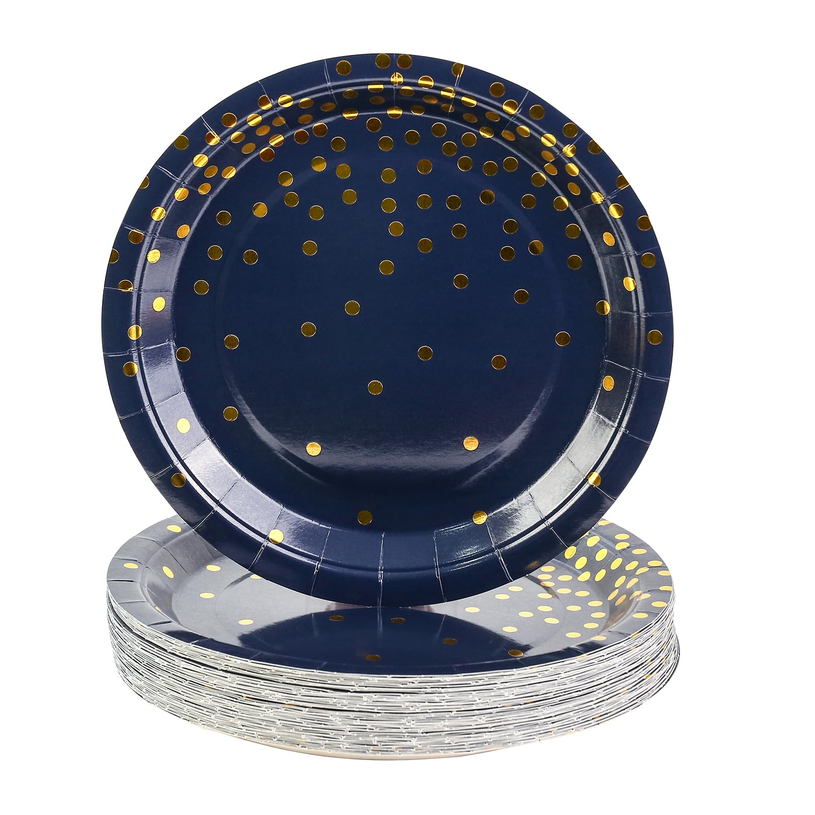 EVYIENEN 50 Pack Deep Blue and Gold Paper Plates, 7inch Metallic Foil Polka Dots Disposable Dessert Party Party Supplies Plates for Graduation