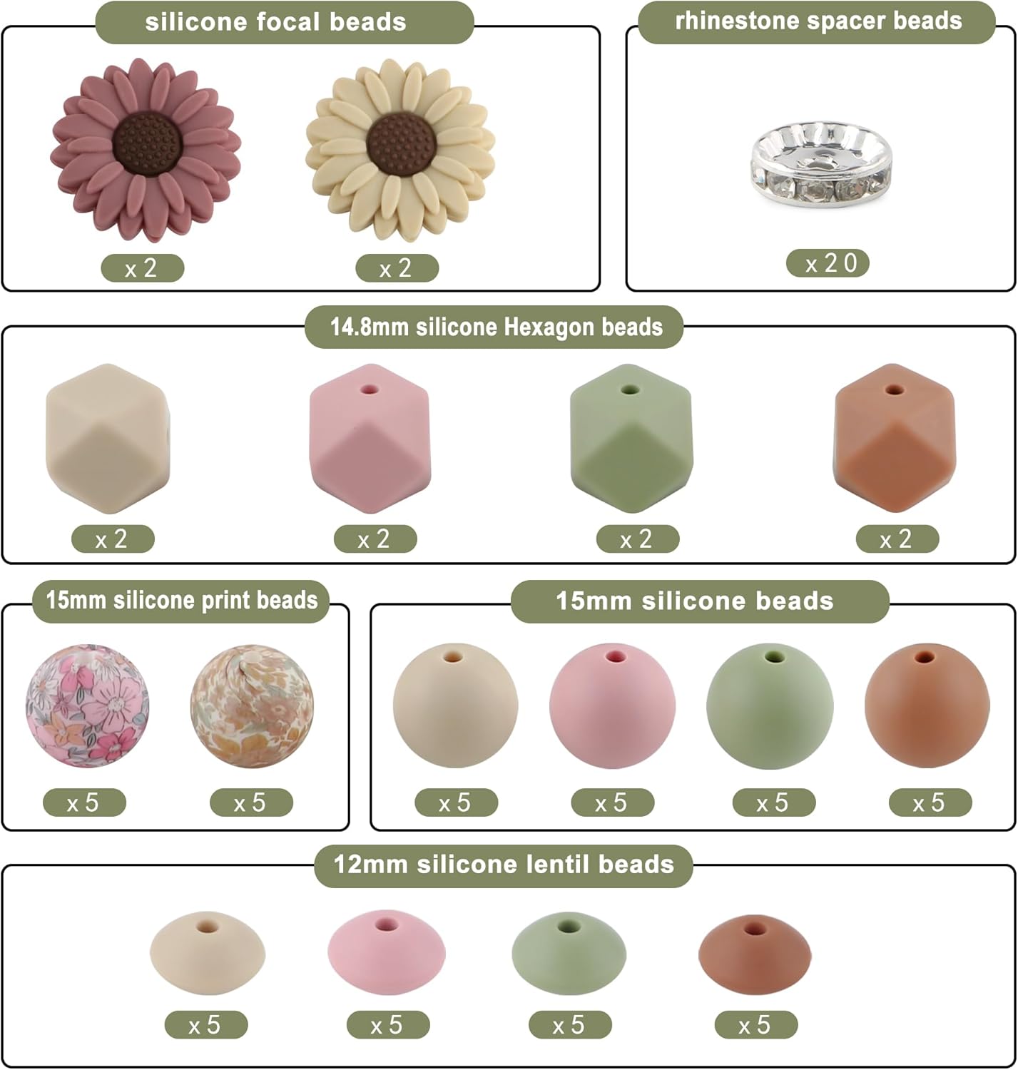 82Pcs 12mm 14mm 15mm Silicone Beads for Keychain Making, 10mm Rondelle Rhinestone Spacer Print Hexagon Round Camel Navajo Matcha Blush Sunflower Silicone Focal Beads for Pens - Image 2