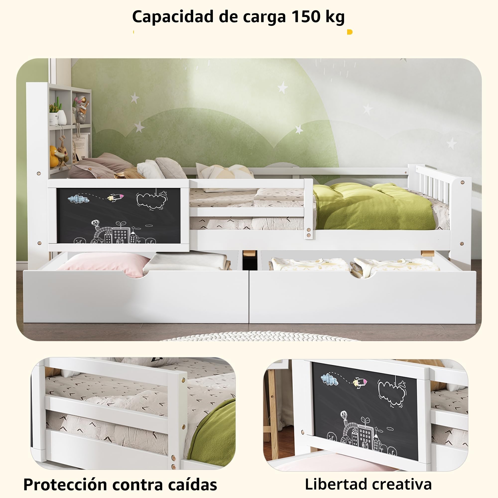Cama Infantil 90 x 200cm, Cama Individual con Varias Funciones, Protección Anti-Caída y Somier, Cama para Niños con Cajones y Pizarra, sin Colchón, Blanco