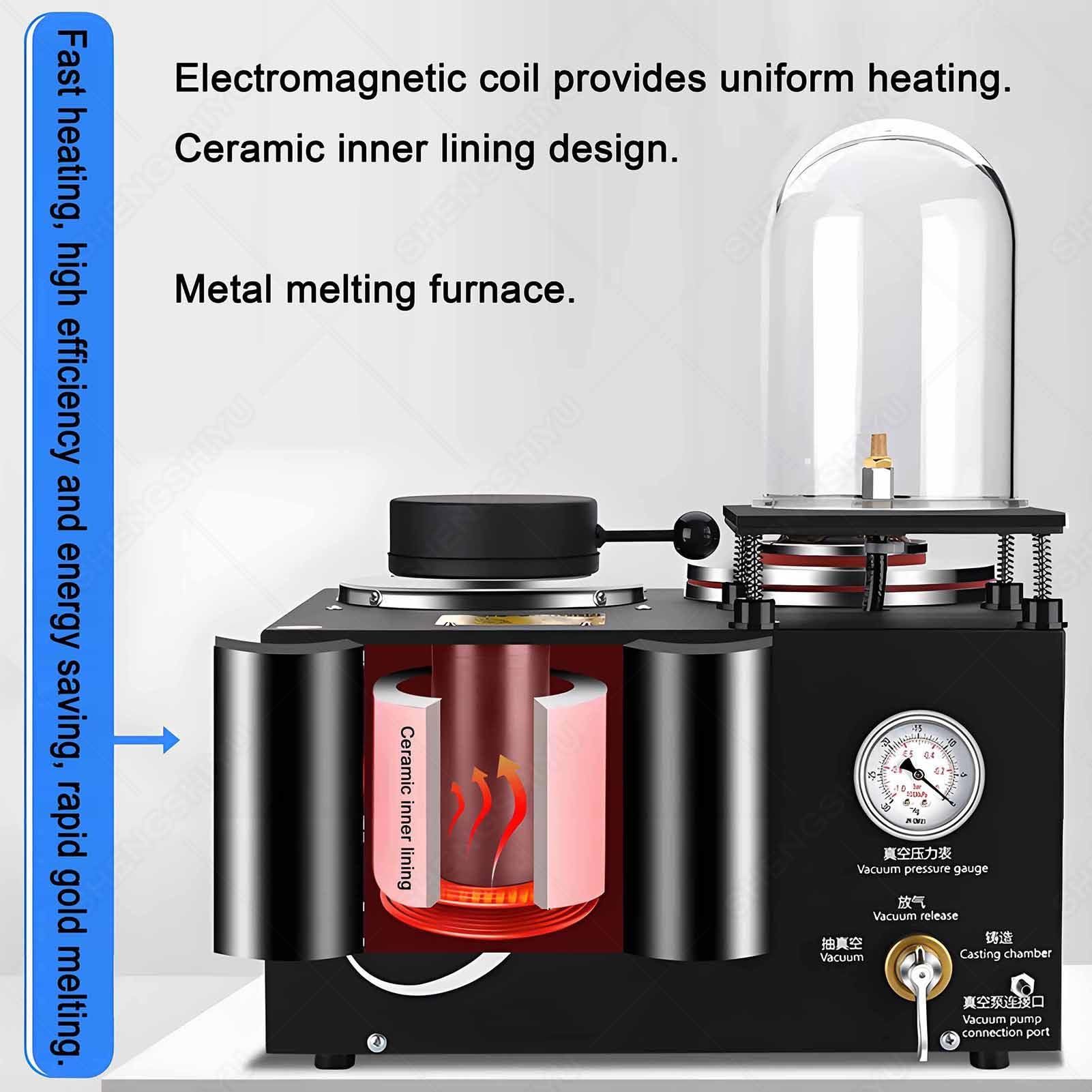 Elektryczny piec do topienia metalu z cyfrowym regulatorem temperatury i manometrem powietrza, łączy funkcje topienia i odlewania próżniowego, pojemność 3 kg