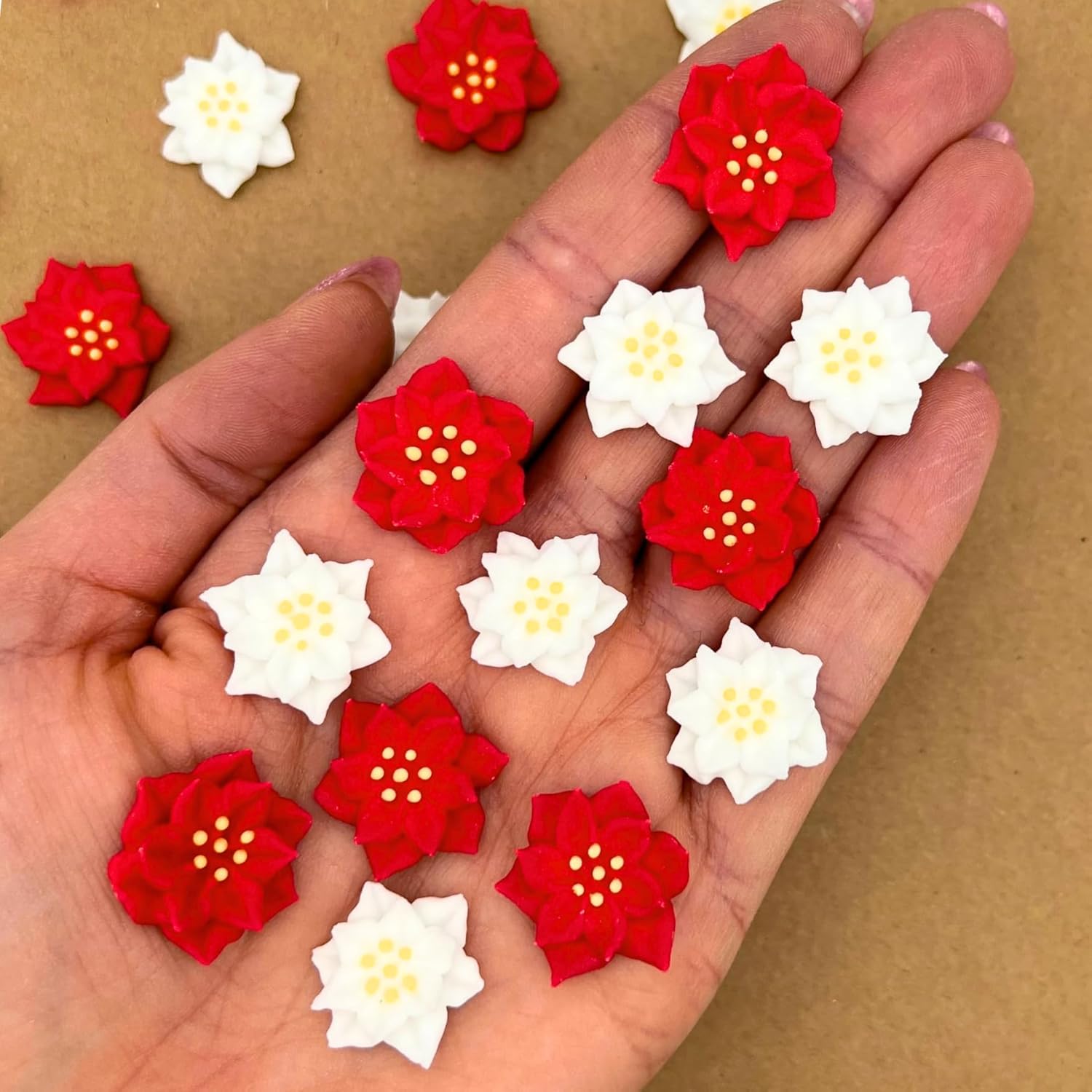 12 Mini Icing Poinsettias by Simply Sucré | Royal Icing Christmas Flower Decorations | Edible Holiday Cupcake Toppers (All Red, 24 Flowers)