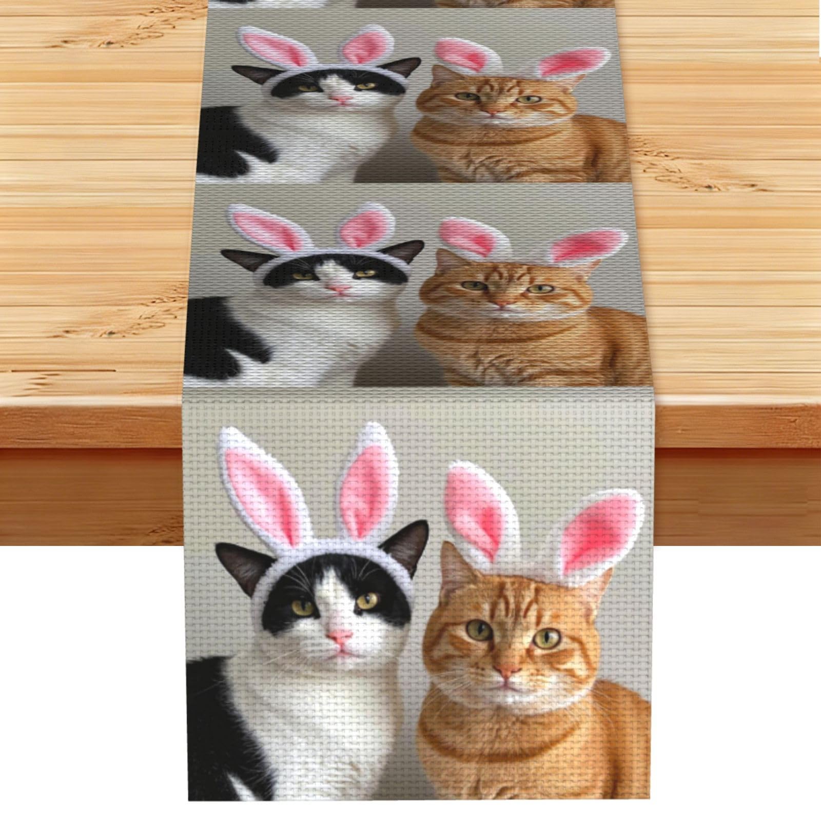 Cow cat and ginger cat wearing bunny ears Table Runner 13 x 72 Inches Long, Cotton Linen Table Runners for Kitchen Dining Table Decoration - Washable Tablecloth Modern Tablerunner for Home Party Decor