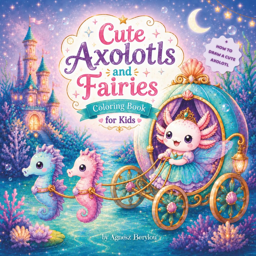 Cute Axolotls and Fairies Coloring Book for Kids: 30 Fun and Easy Coloring Pages with Magic Axolotls and an Fairy Axolotl Drawing Tutorial for Girls, for Kids Ages 4-8