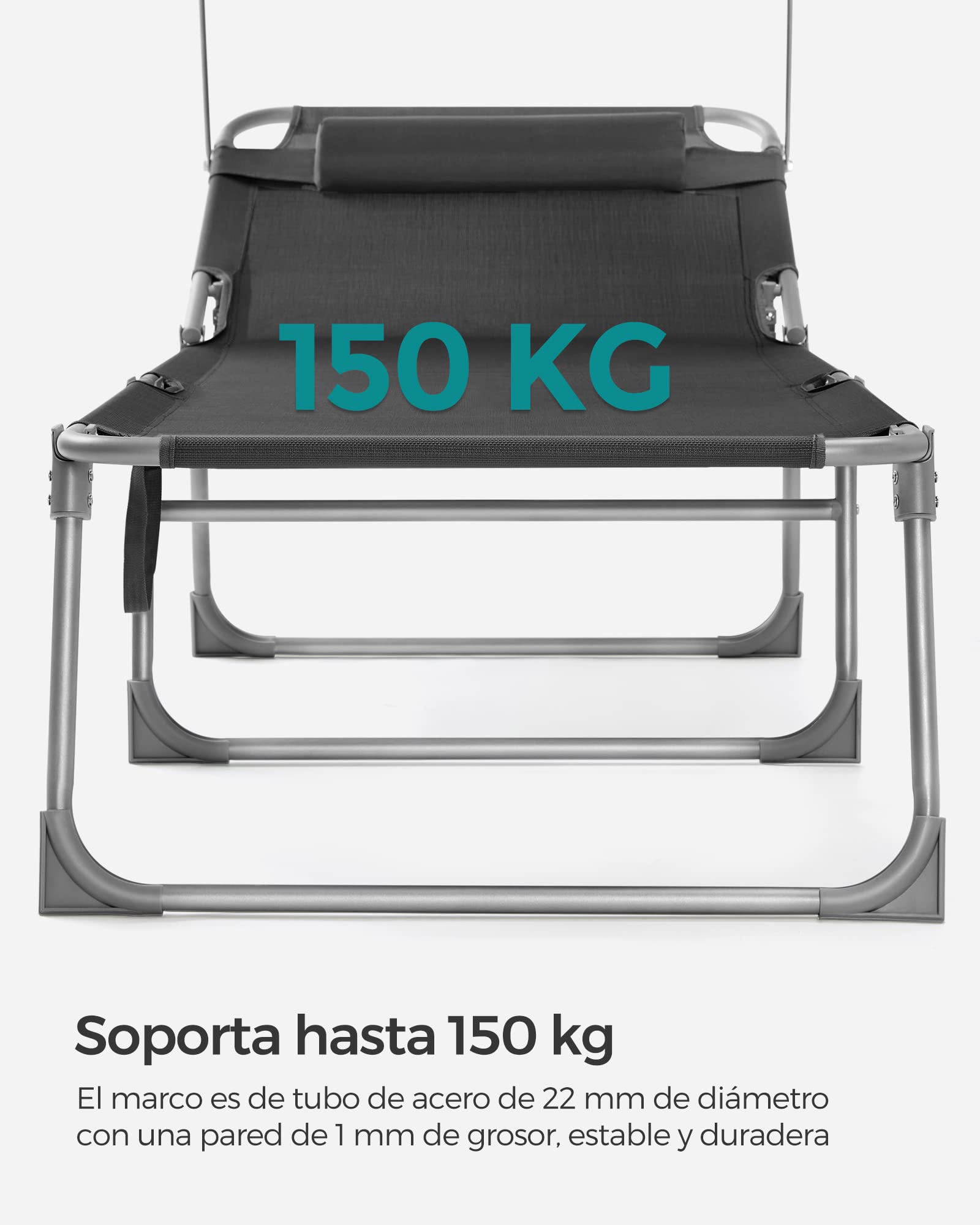 SONGMICS Tumbona Plegable Grande 200 x 71 x 38 cm, Capacidad de Carga 150 kg, con Parasol y Respaldo Ajustable, para jardín, Piscina, terraza, Gris Oscuro GCB22GYV2