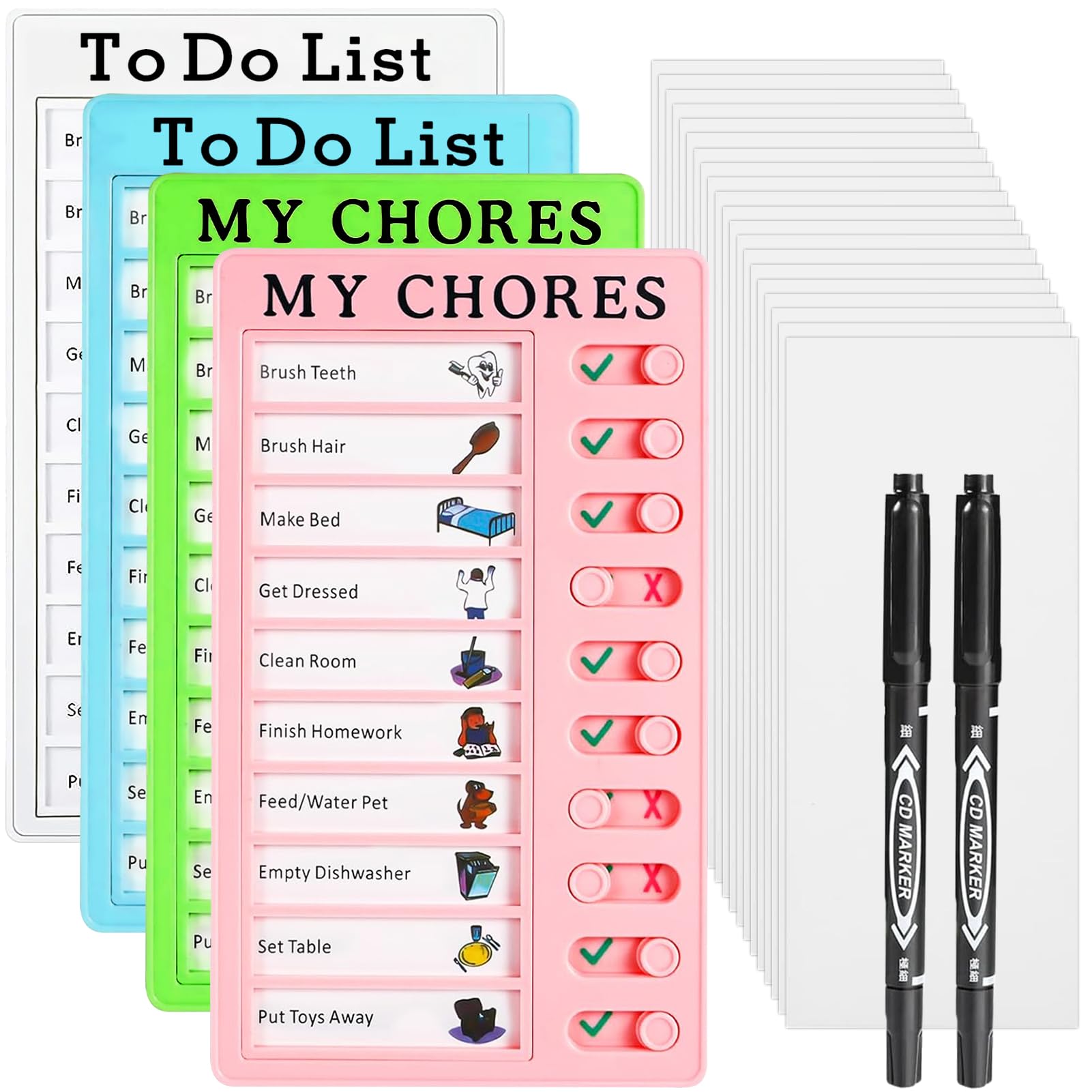 Chores Chart for Kids,4PCS Behaviour Charts Routine Chart for Children Visual Timetable to Do List Chores Checklist Board with 20pcs Cardstocks and 2pcs Markers for Planner Schedule Reminder