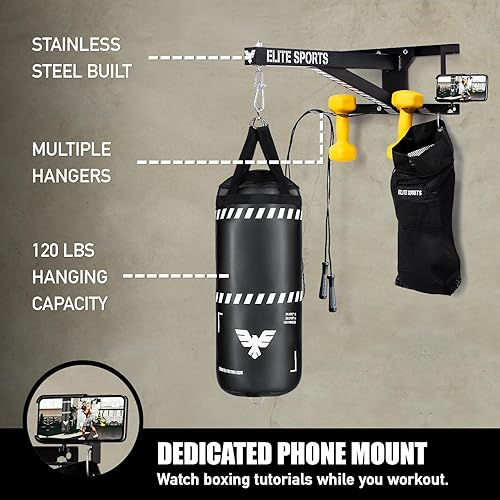 Miniatura 4 de Elite Sports Soporte de pared resistente para boxeo en interiores y exteriores, entrenamiento de gimnasio y equipo de ejercicio, soporte para saco