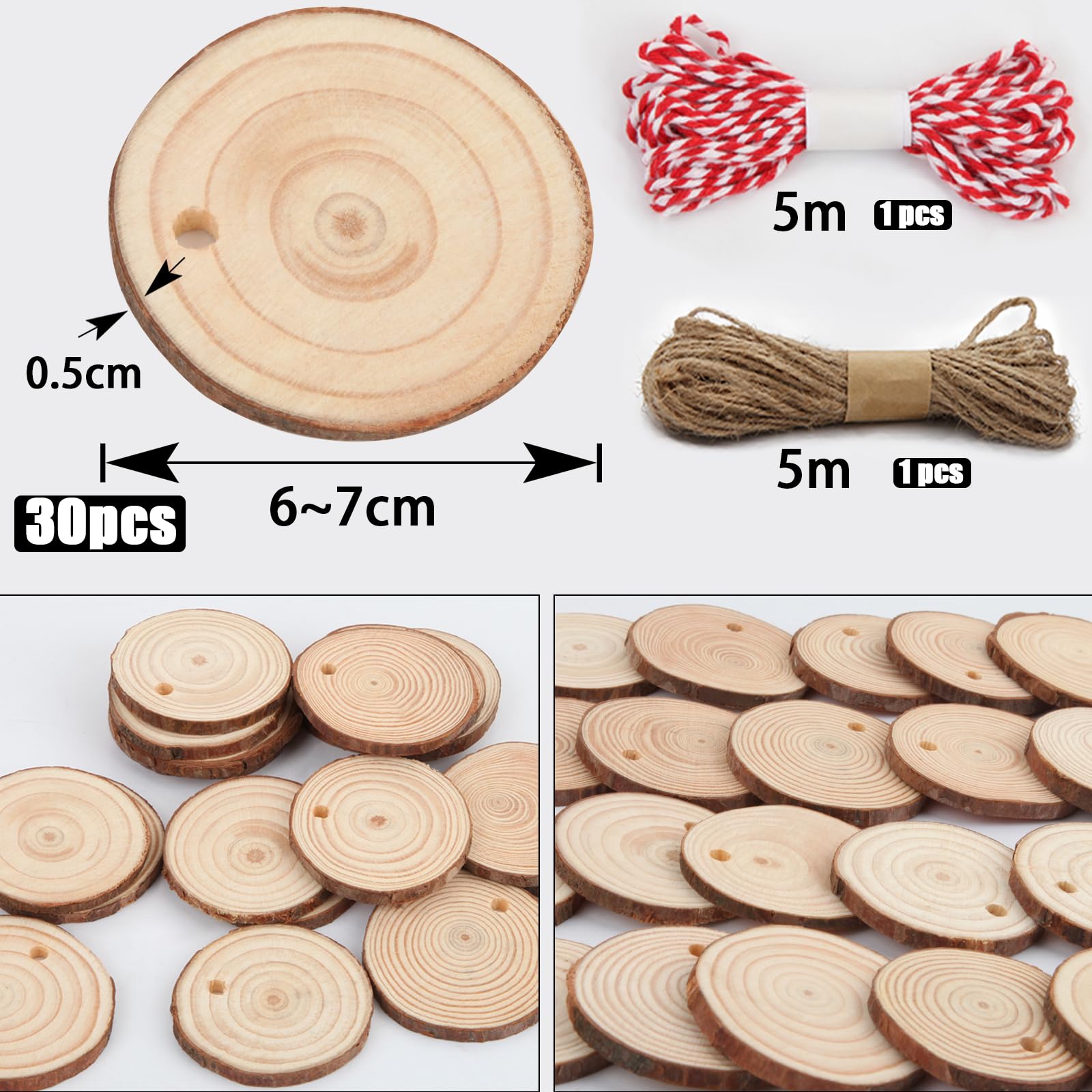 Natural Wood Slices for Crafts 30Pcs Round Wooden Discs with Holes Hanging Rope 6-7cm Unfinished Log Slices Predrilled Wooden Circles for Arts Crafts DIY Hobby Wedding Christmas Ornaments Decoration - Image 2