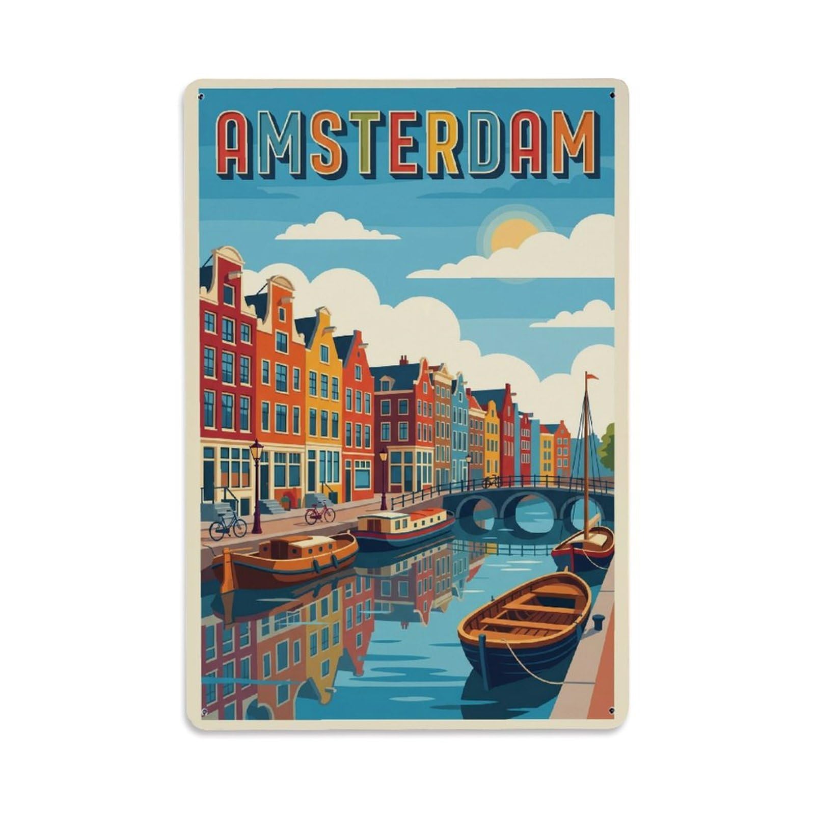 Okngb Style Amsterdam Canal Waterfront Waterway Classic Tourism Metal Tin Sign Plaque Wall Decor For Cafe, Man Cave, Club Bar, Office, Home Garden Round Metal Poster 8X12inch