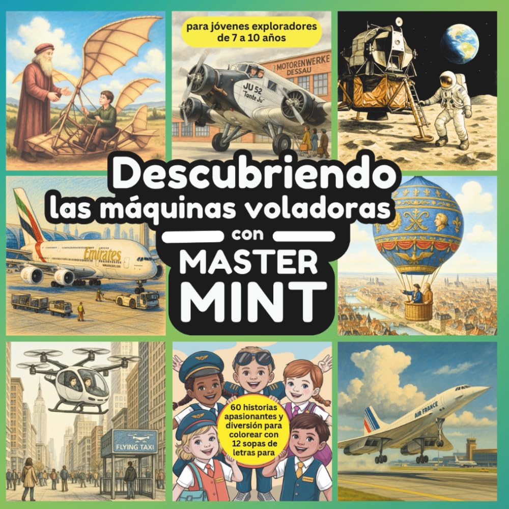 Descubriendo las máquinas voladoras con Master MINT: 60 historias apasionantes y diversión para colorear con 12 sopas de letras para jóvenes ... a 10 años (Master MINT - Spanisch / Español)