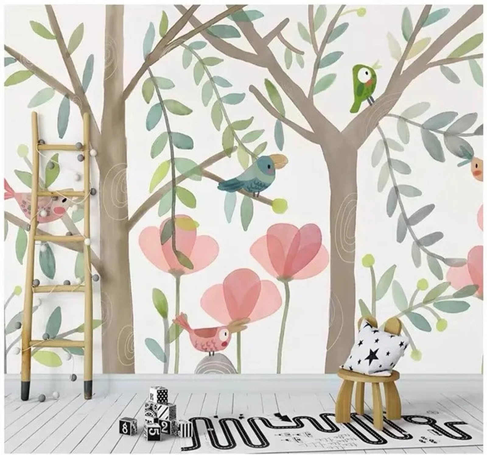 Wallpaper-3D-Xlm 300Cm×210Cm(B×H) Cartoon Little Bird Pink Flowers Forest 3D Wallpaper Easy Install Feature Office Living Room Sofa Bedroom Tv Background Wall Decoration-300Cm×210Cm