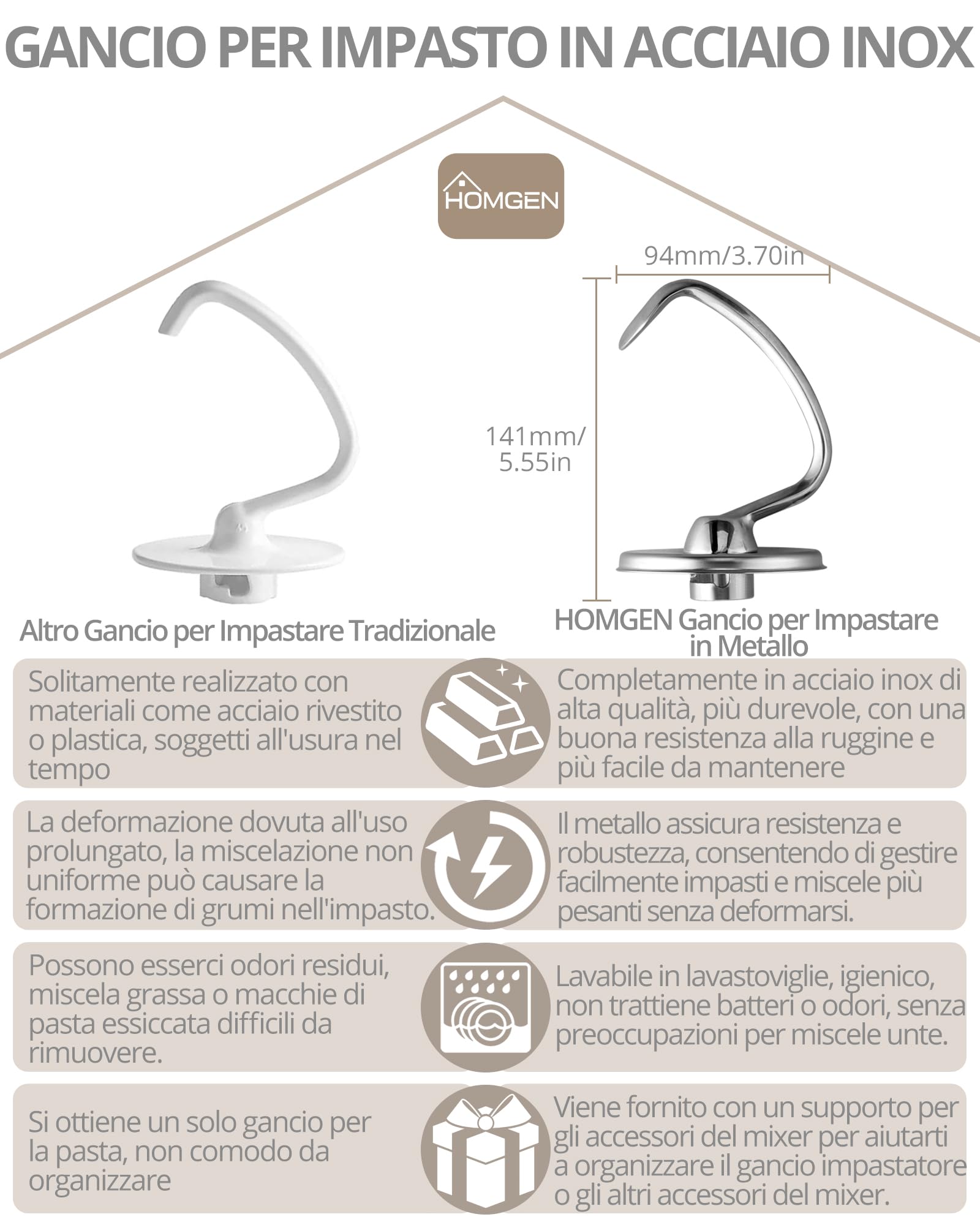 HOMGEN Gancio per Impasto per Impastatrice KitchenAid Miscelatore Fit 4,5-5 Qt Kitchenaid Accessori Gancio in Acciaio Inox Spirale Gancio Pasta Accessorio per KitchenAid Stand Mixer KSM150 K45DH