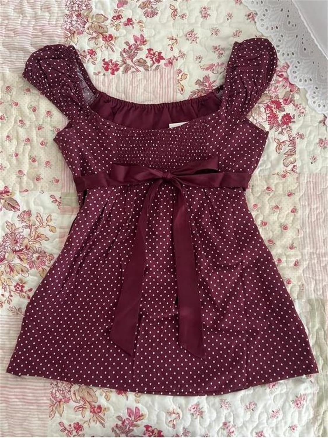 Women Fairy Grunge Y2k Babydoll Shirt Cap Sleeve Micro Polka Dot Tie Back Flowy Babydoll Top Preppy Clothes - Image 6