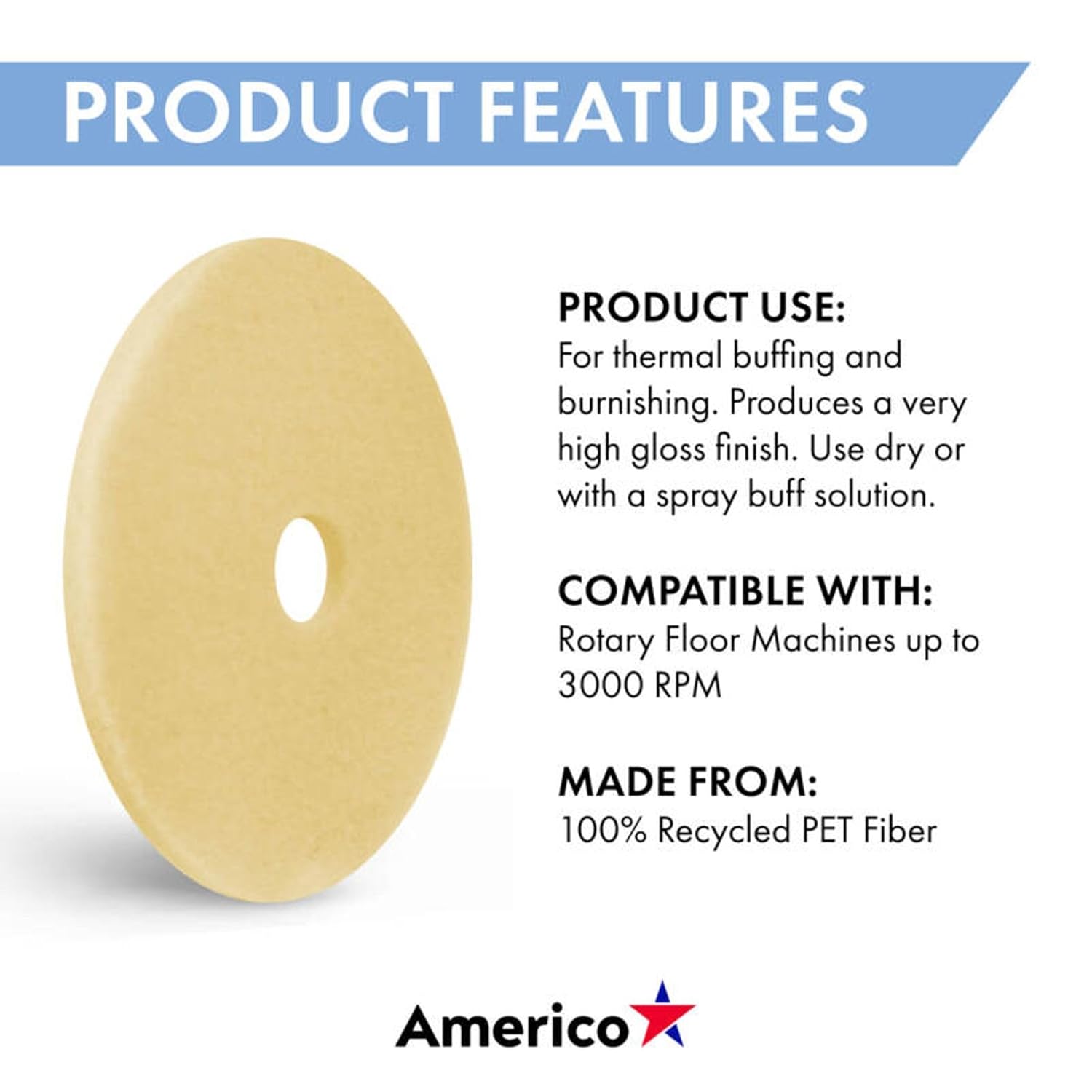 Americo Image-Beige Ultra High Speed Burnishing Floor Pad, Polish to High Gloss, Soft to Medium Finishes, 27" Diameter, 5 Pads/Case, Made in USA