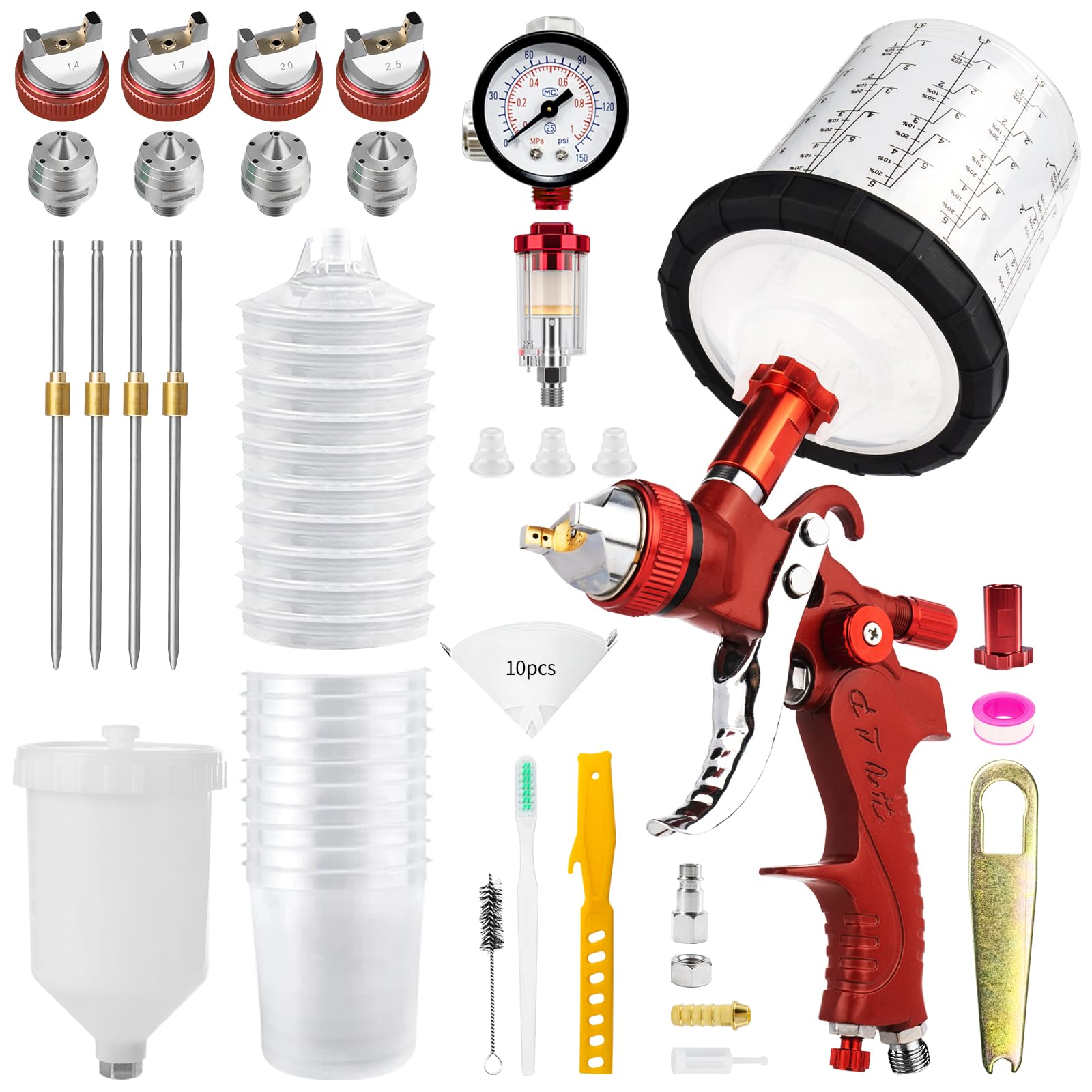 HVLP Fließbecher Lackierpistole Spritzpistole 650 ML Mischbecher 10 Einwegbechern 1,4/1,7/2,0/2,5 mm Düsen