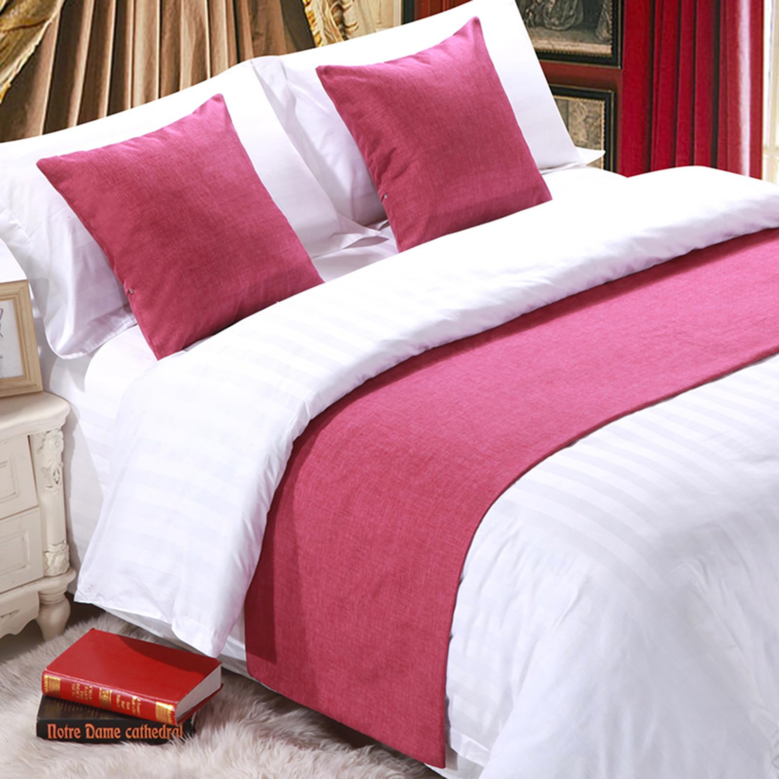 QRGMKL Premium Bed Runner for Foot of Bed, Solid Color Bed Scarf Cotton Linen Bedspread Home Decoration Hotel Bedroom Bedding Protector-Rose||210X50cm for 1.5m Bed