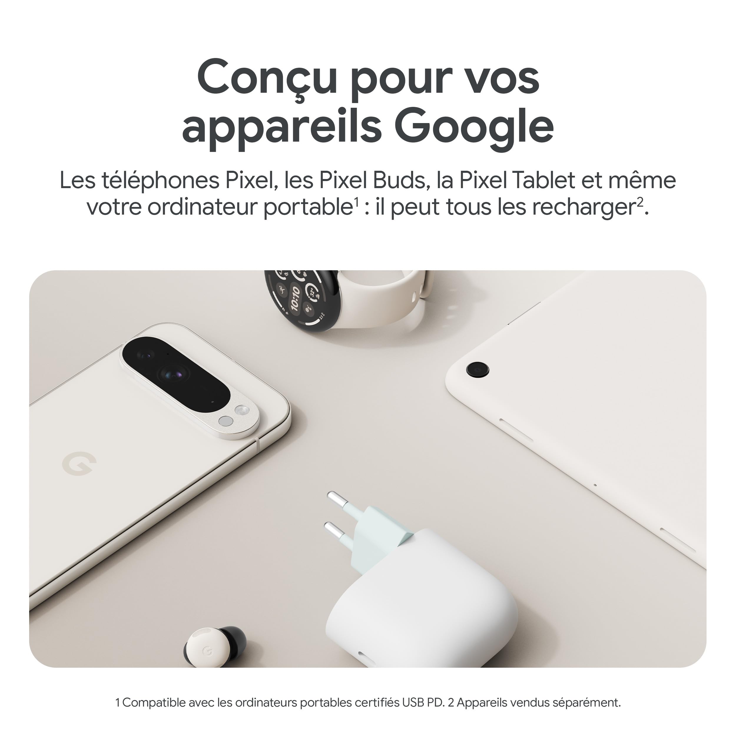 Chargeur Secteur Google 45 W USB-C – Chargeur pour téléphone Pixel à Recharge Rapide – Compatible avec Les Produits Made by Google et d'autres appareils USB-C® – Neige