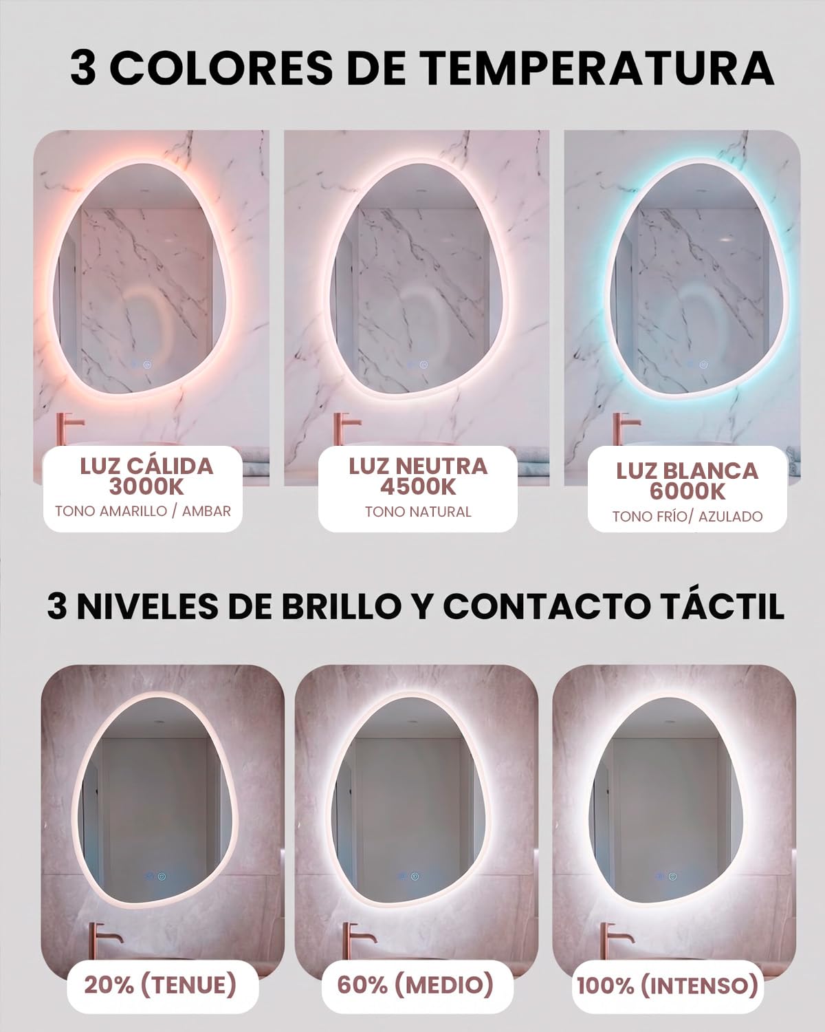 Marctani Espejo Baño Irregular con Luz LED Regulable en 3 Colores - Espejo de Pared ANTIVAHO con Ajuste de Brillo e Interruptor Táctil - Espejos Inteligente (Irregular 60x45 cm)