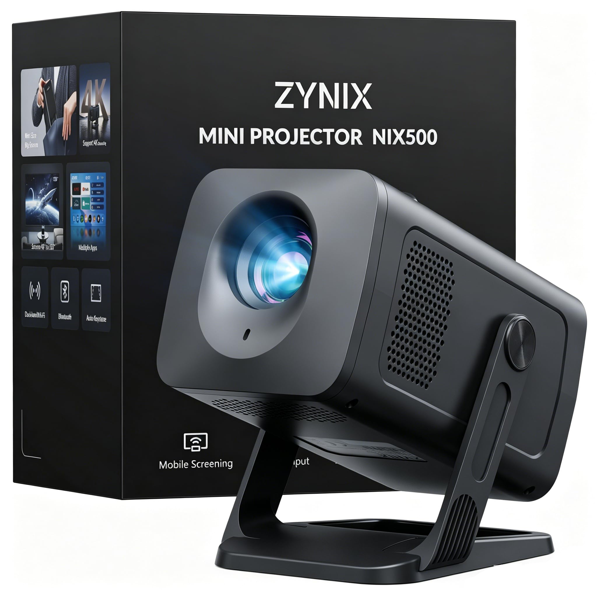Proyector con Android 14, App Integrada y Auto Keystone, Proyector Portátil de Tiro Corto WiFi 6 Bluetooth 5.4 con Rotación 210°, NIX500 Miniproyector Soporta 4K 1080P Cine en Casa/Exterior - Gris
