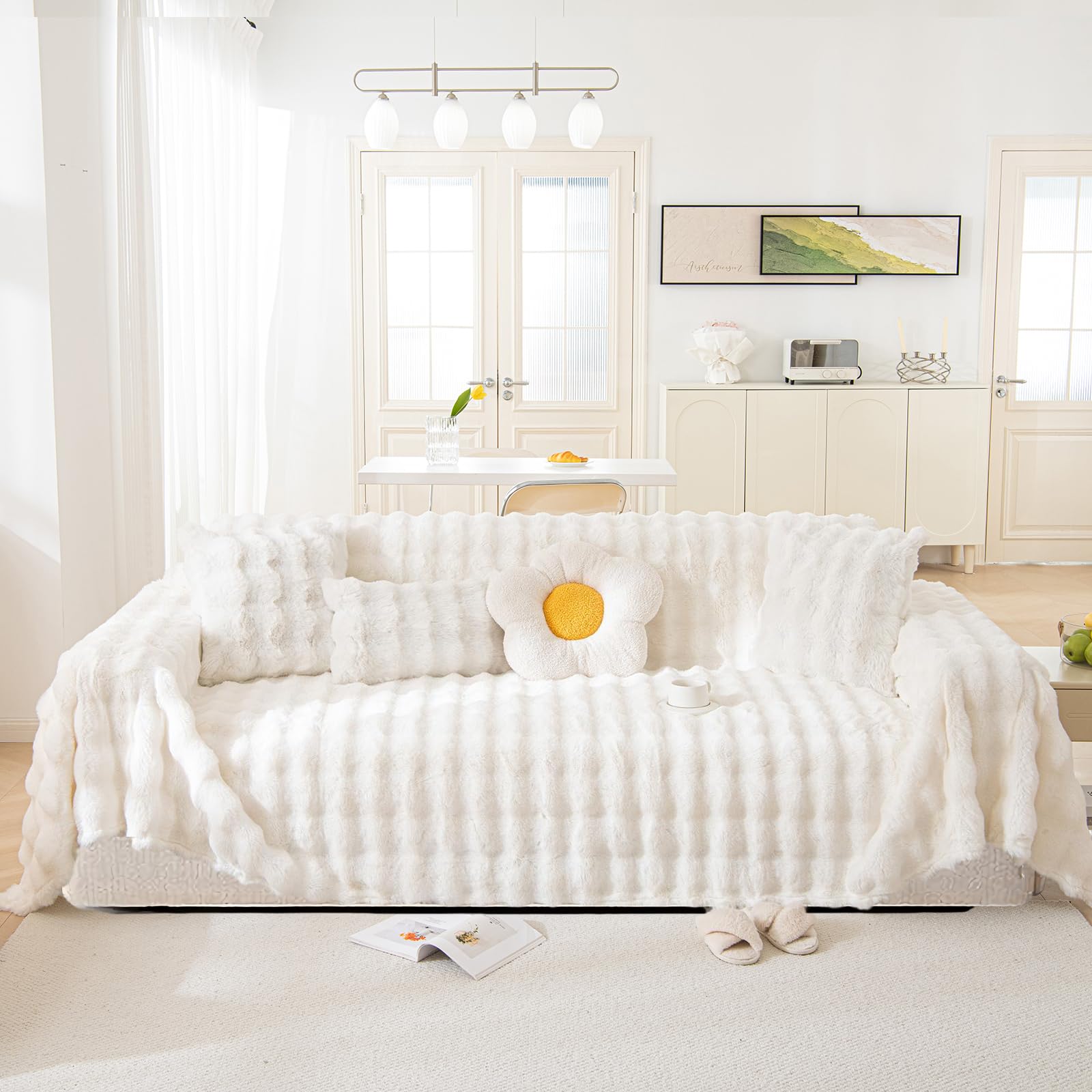 LiveGo Sofa Cover for 3 Seater, Thick Plush Wool Slipcover for Sofa, Soft Fuzzy Faux Rabbit Fur Couch Cover for Dogs, Sofa Covers Futon Cover L Shaped Sofa Covers (Plush White, 180 x 340 cm) — image 1