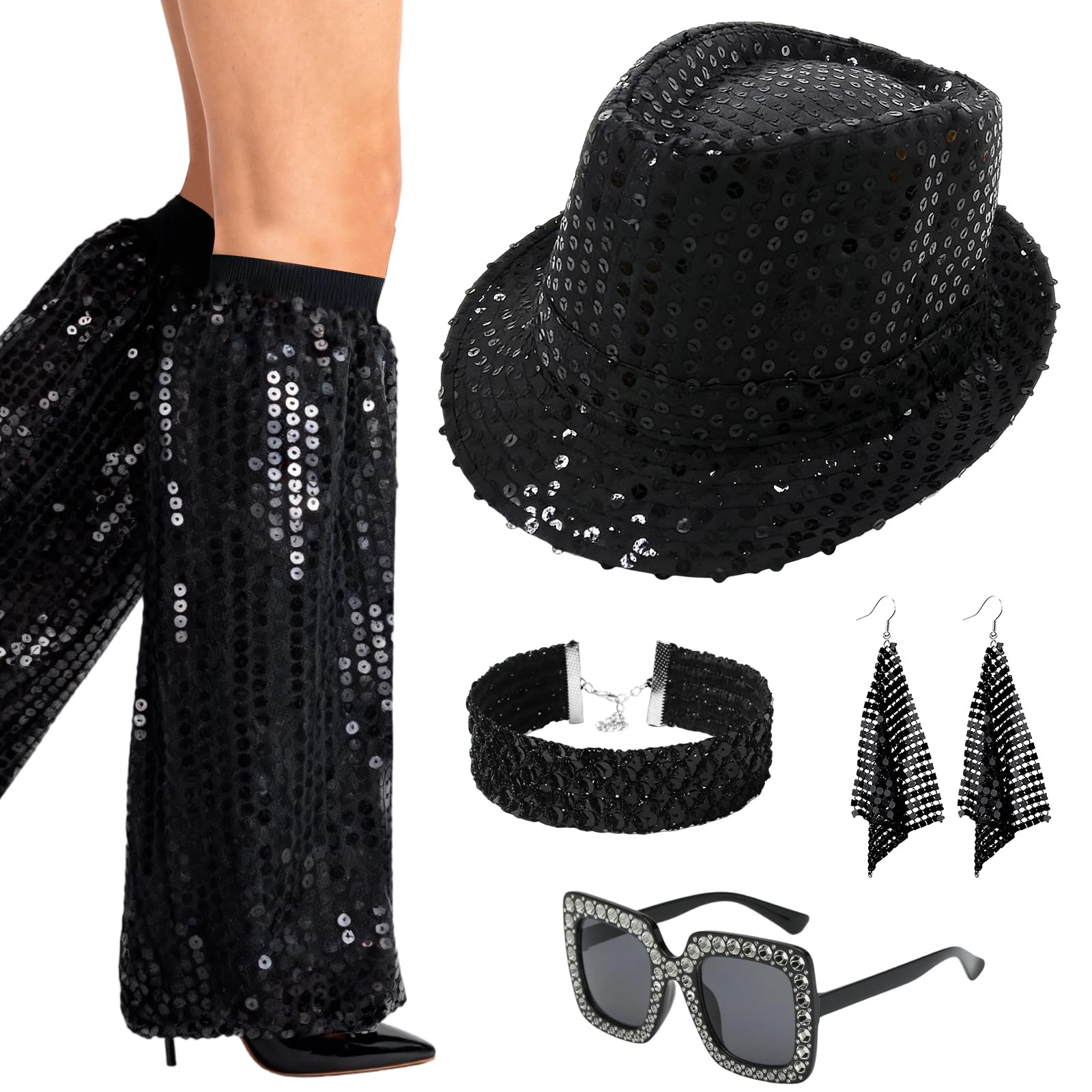 Carreuty 5Pcs 70s Disco Accessories Set for Women,Abba Accessories with Sequin Leg Warmers Earrings Hat necklace and Bling Sunglasses,70s Fancy Dress Abba Outfits for Women 1970s Themed Disco Party