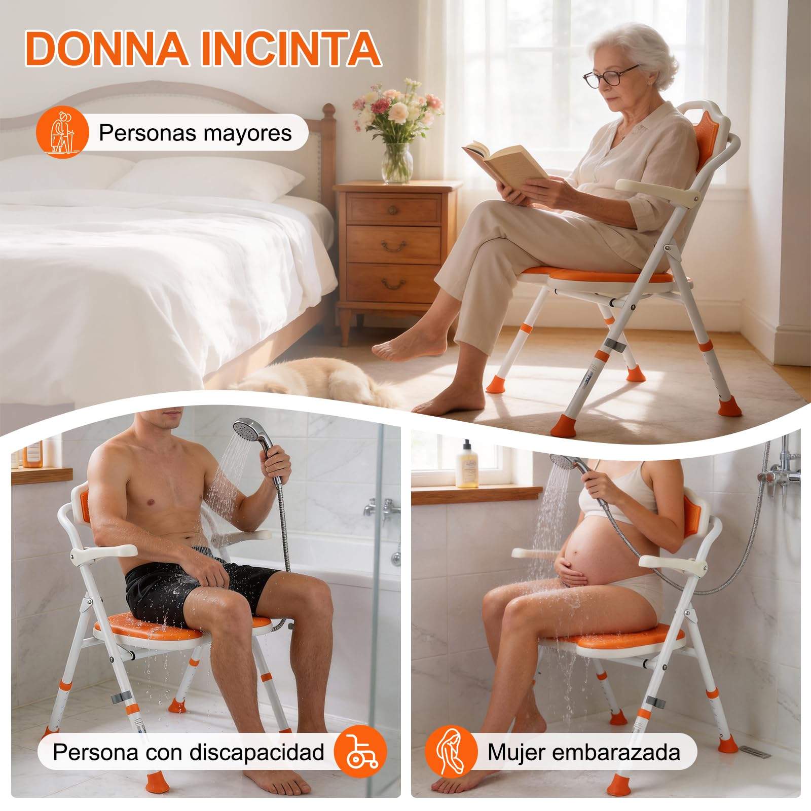 Plegable Silla Ducha Personas Mayores con Reposabrazos y Respaldo abatibles, Silla para Ducha Altura Ajustable con Soporte para Cabezal de Ducha, Capacidad de Carga 120 Kg