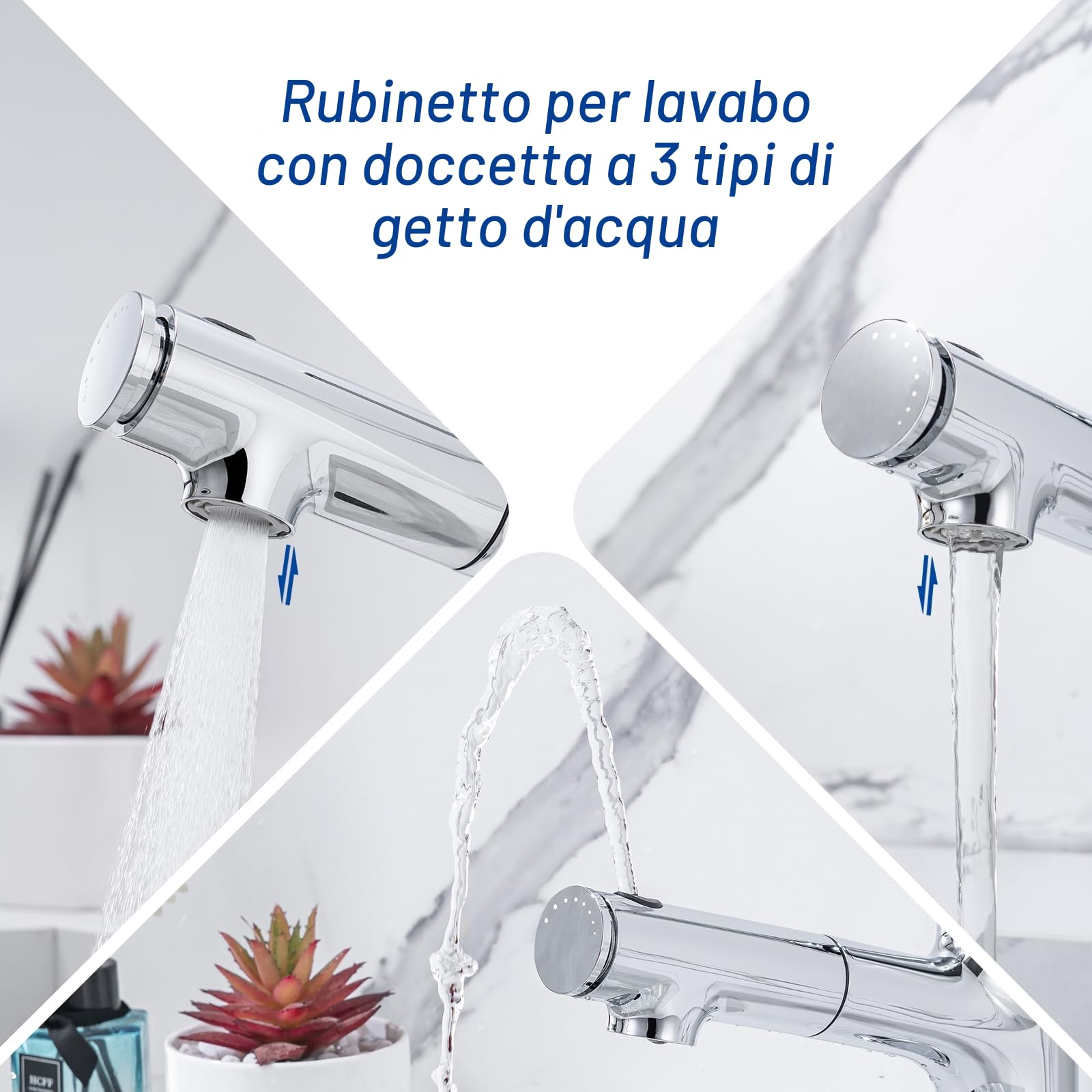 Rubinetto Bagno Lavabo Con Doccetta Estraibile a 3 Modalità, Miscelatore Lavabo Estraibile, Rubinetti Monocomando Bagno con Doccetta, Aeratore Rimovibile, Senza Piombo,Cromato