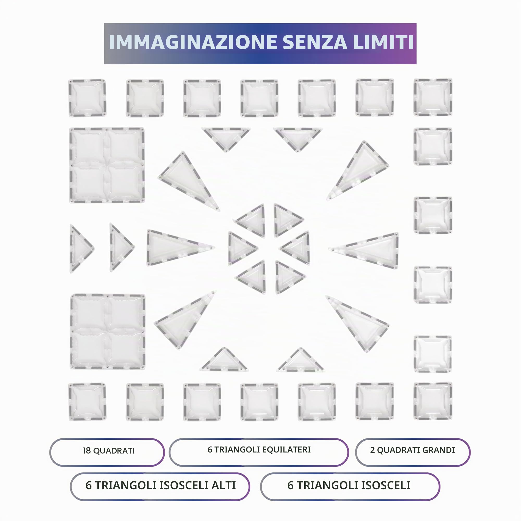 Tessere magnetiche da costruzione , set cristallo trasparente da 38 pezzi, blocchi da costruzione educativi e creativi STEM per bambini e bambine dai 3 anni in su