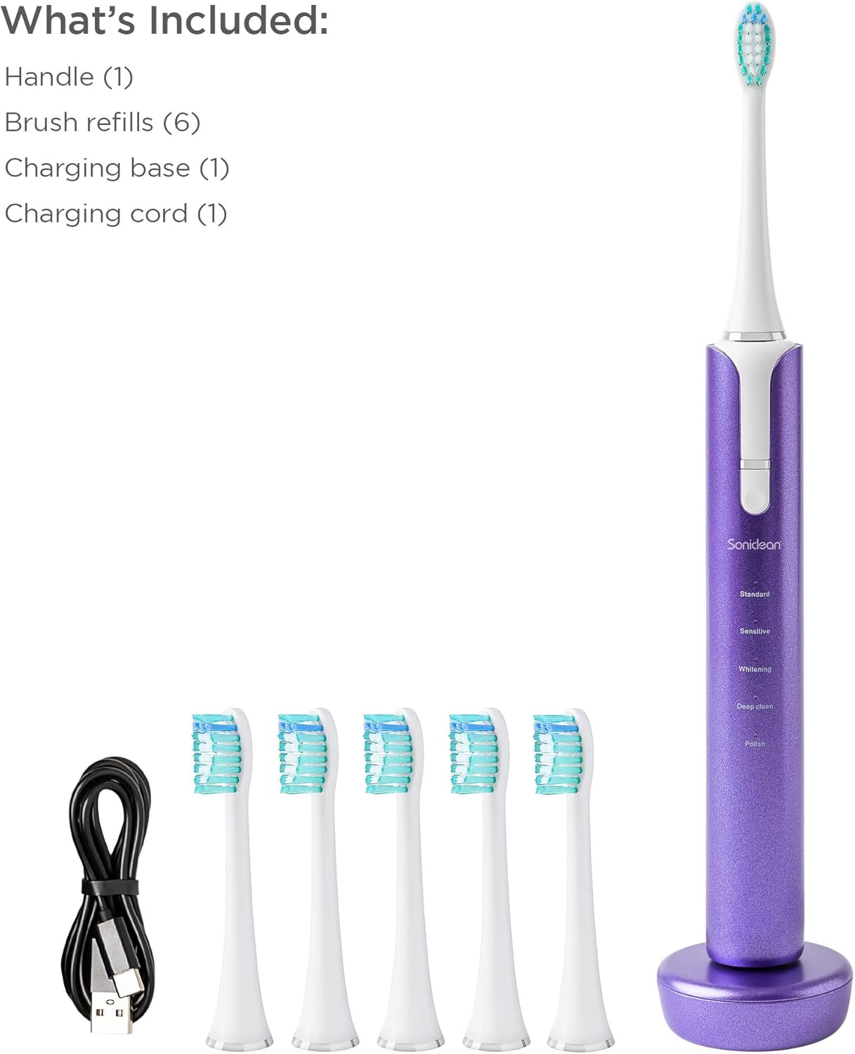 Soniclean Lux Sonic Toothbrush for Adults with 6 Toothbrush Heads, Rechargeable, Automatic, Purple