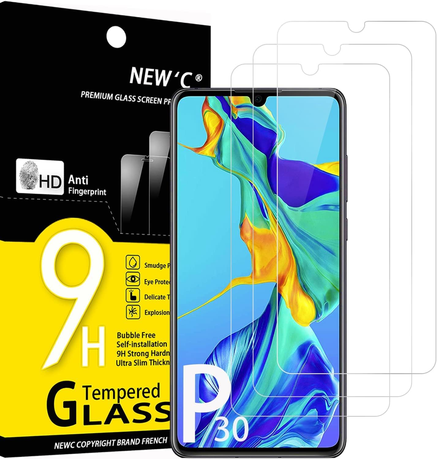 NEW'C Tempered Glass Screen Protector for Huawei P30, Scratch Free, 9H Hardness, HD Screen Protector, 0.33 mm Ultra Clear, Ultra Resistant, Pack of 3