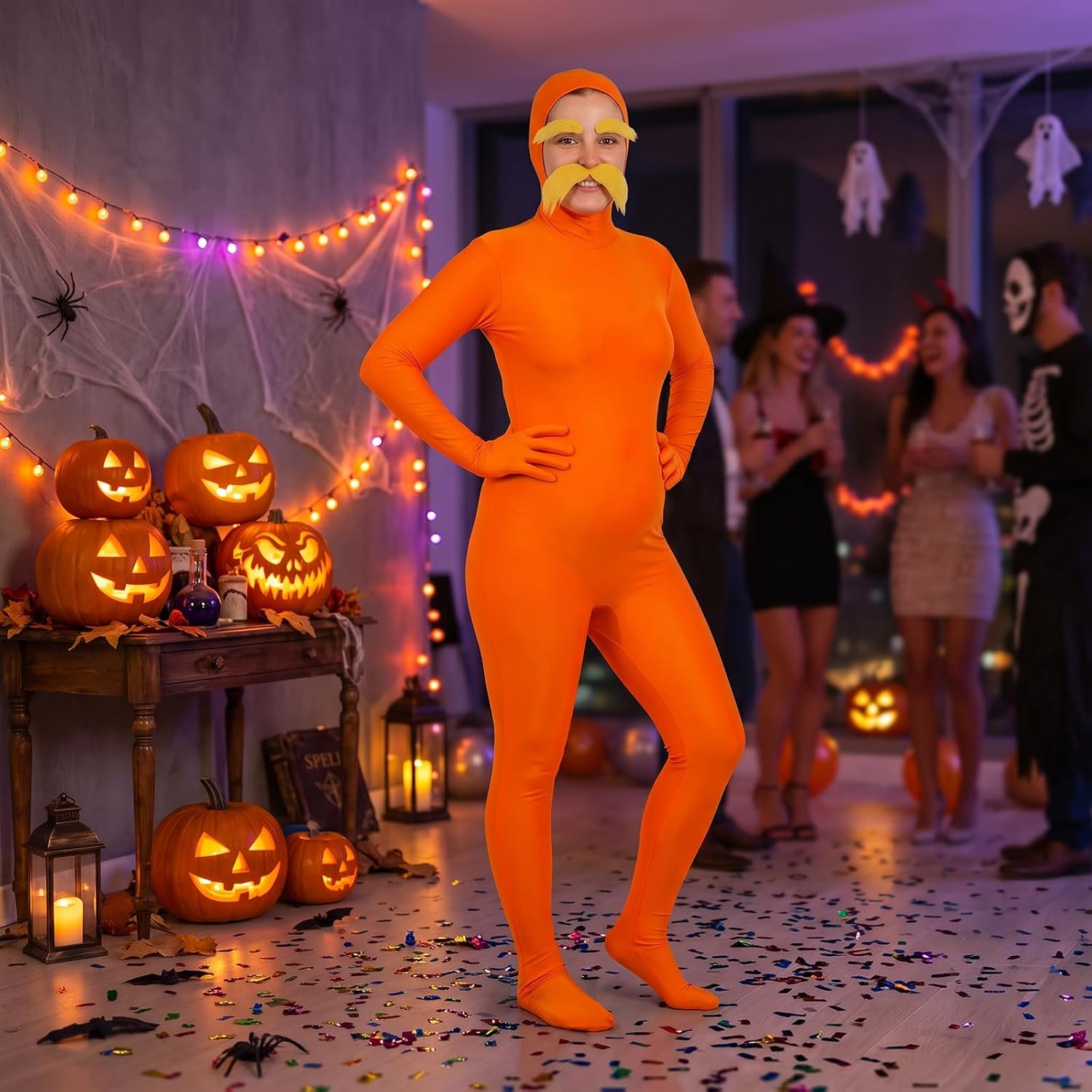 Halloween Costumes Orange Jumpsuit for Women - Stretchy Spandex Bodysuit Men Full Body Suit for Adult Cosplay Party