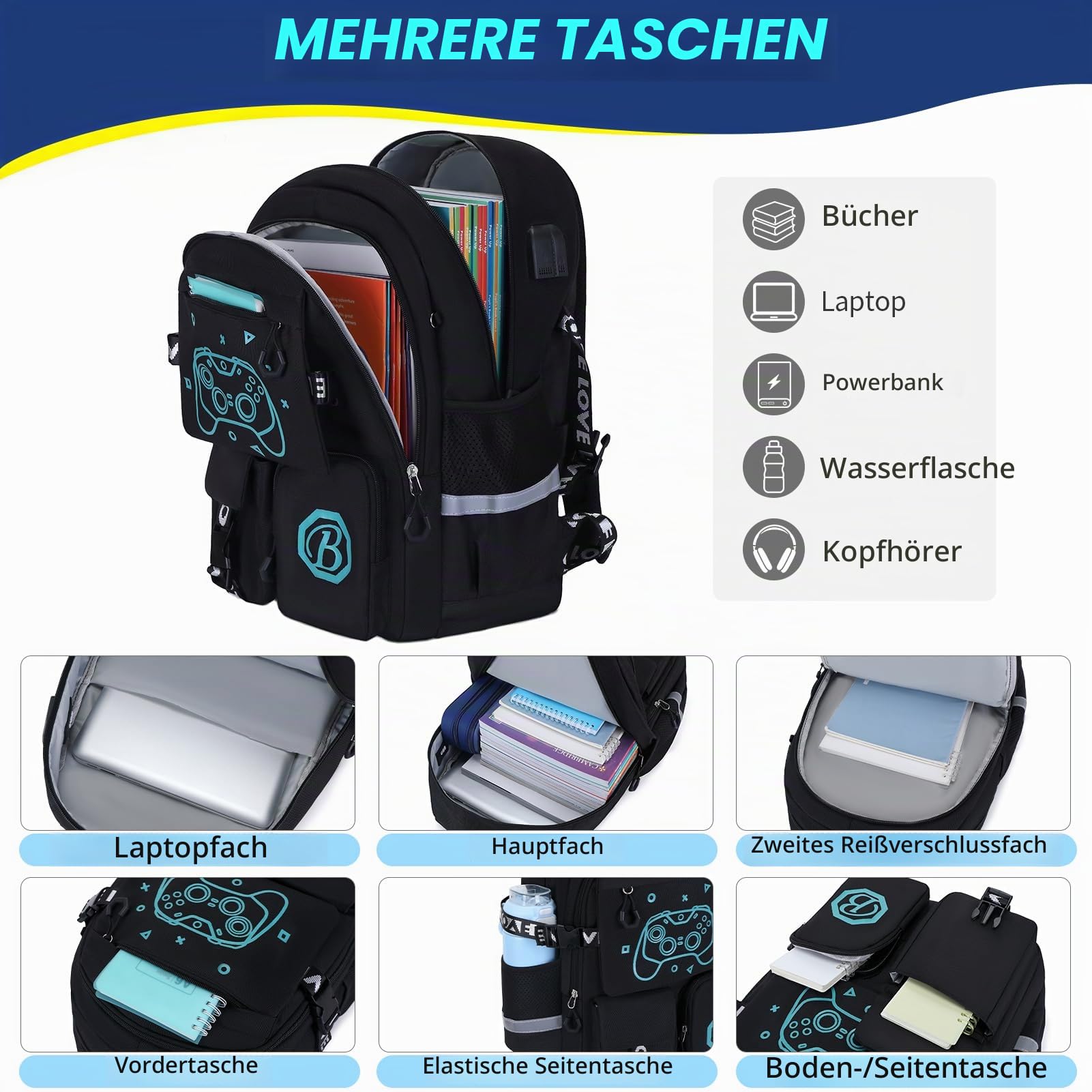 2-teiliges Set Schulrucksack Teenager mit Federmäppchen, Schulranzen für Jungen 3.-9. Klasse, Glow in the Dark Game Console Print, Wasserdicht Rucksack Kinder