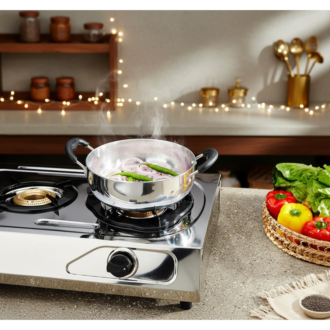 Amazon Brand - Solimo - Aluminium Kadhai | Induction & Gas Compatible | 22 cm Diameter| 1 L | Polished | Silver