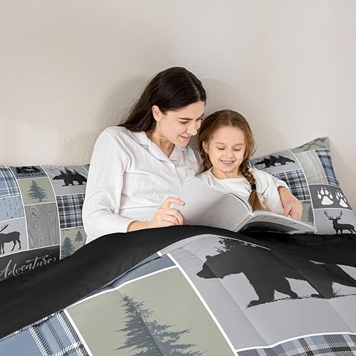 Miniatura 5 de Juego de ropa de cama rústica de retazos, juego de edredón a cuadros de búfalo para niños, adolescentes y adultos, juego de fundas con patrón