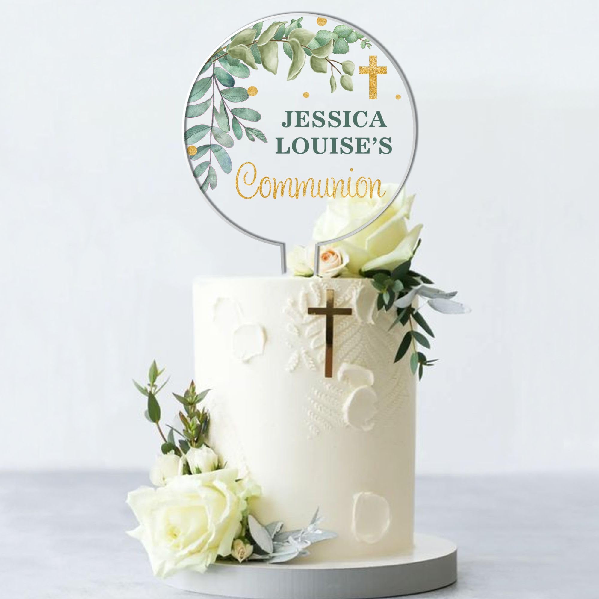 Personalised Religious Cake Topper – Custom Name & Occasion – Christening, Communion or Confirmation – Acrylic Floral Design with Cross – Reusable Printed Cake Decoration (Communion, Eucaliptus)