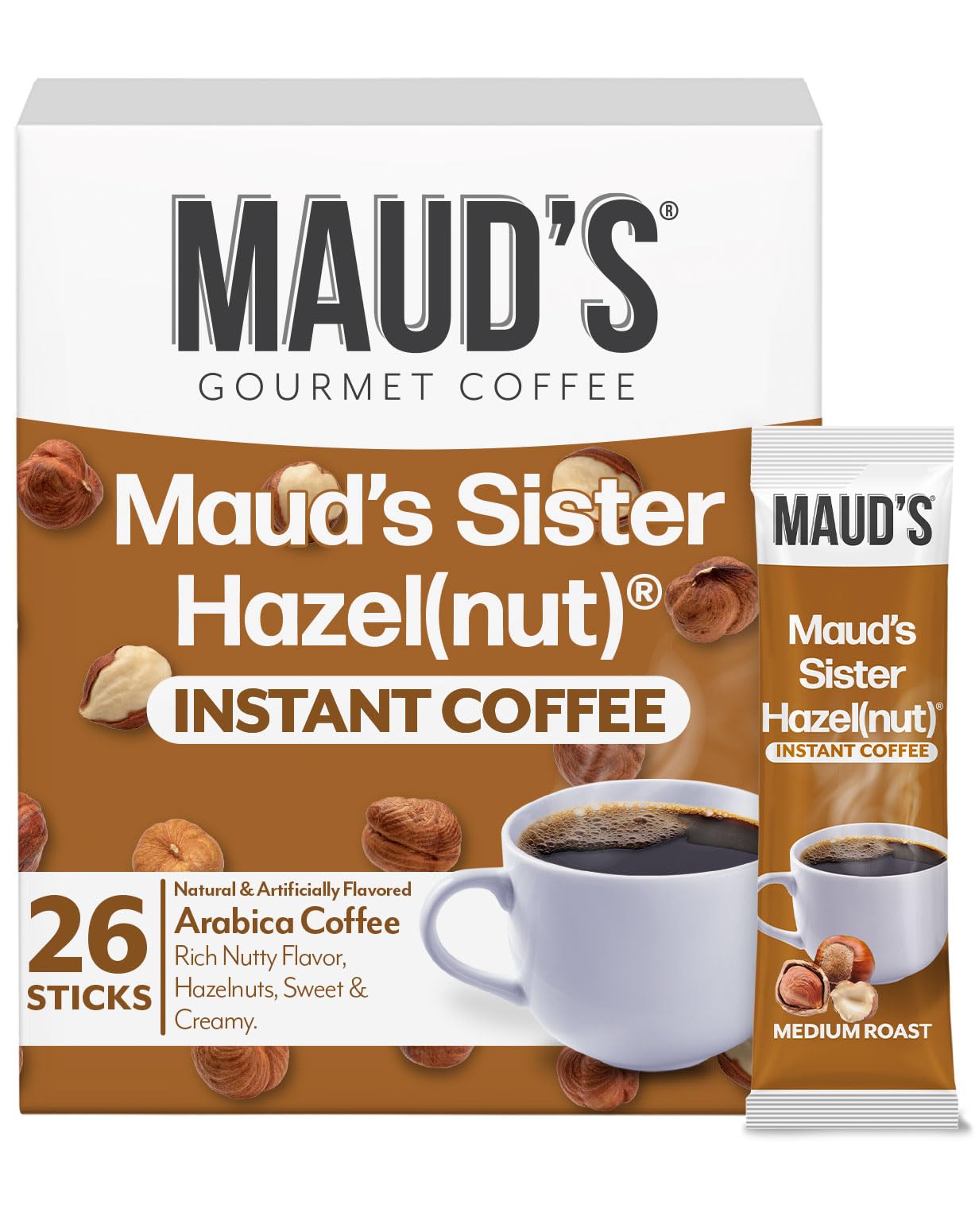 Sweet Hazelnut Flavored Instant Coffee, 26 ct, 100% Arabica Coffee, Medium Roast, Instant Hot or Iced Coffee - Just add water