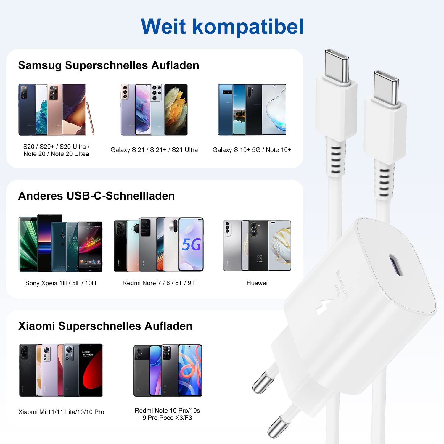 Ponti 25W Schnellladegerät Mit USB-C Kabel – Quick Charge Für HTC U23 Pro & Alle USB-C Geräte | Netzteil Weiß