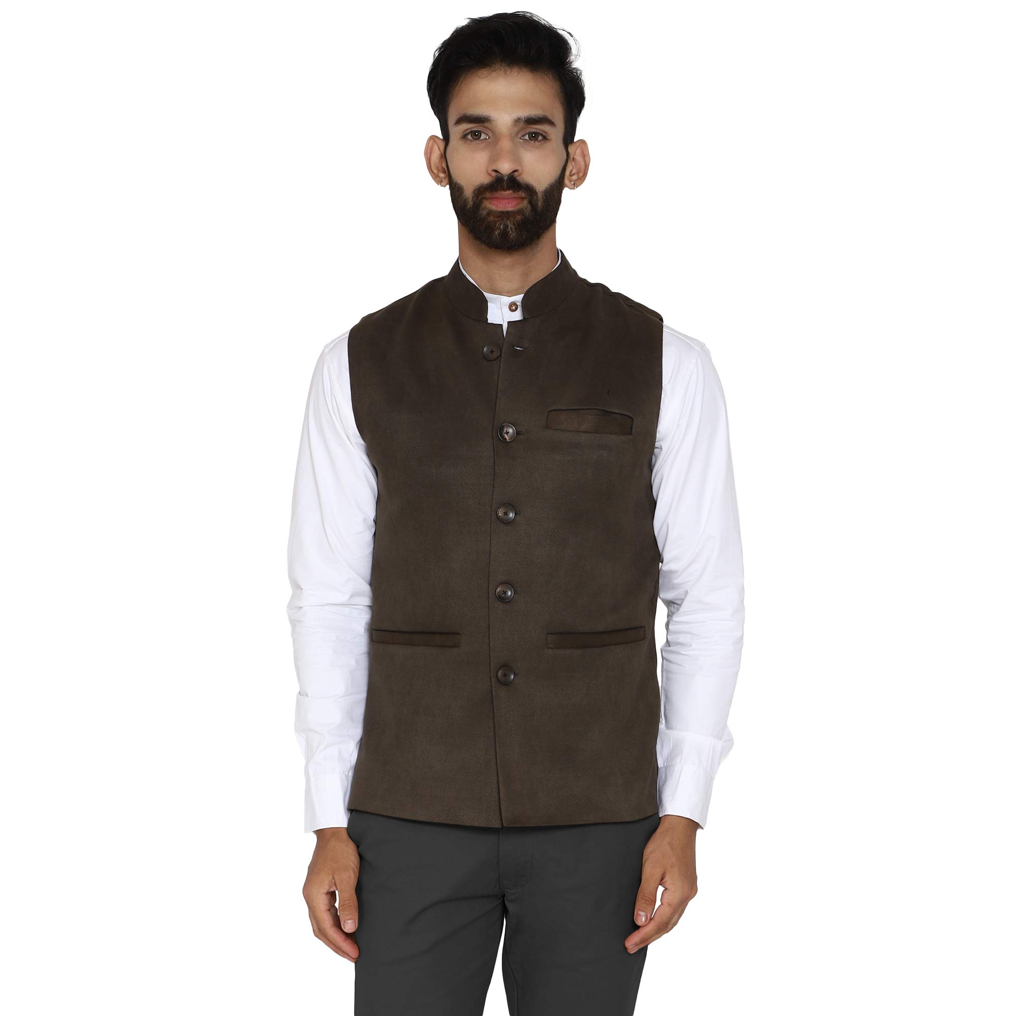 essentiele Men's Solid Olive Suede Bandhgala Ethnic Nehru Jacket-picture-4