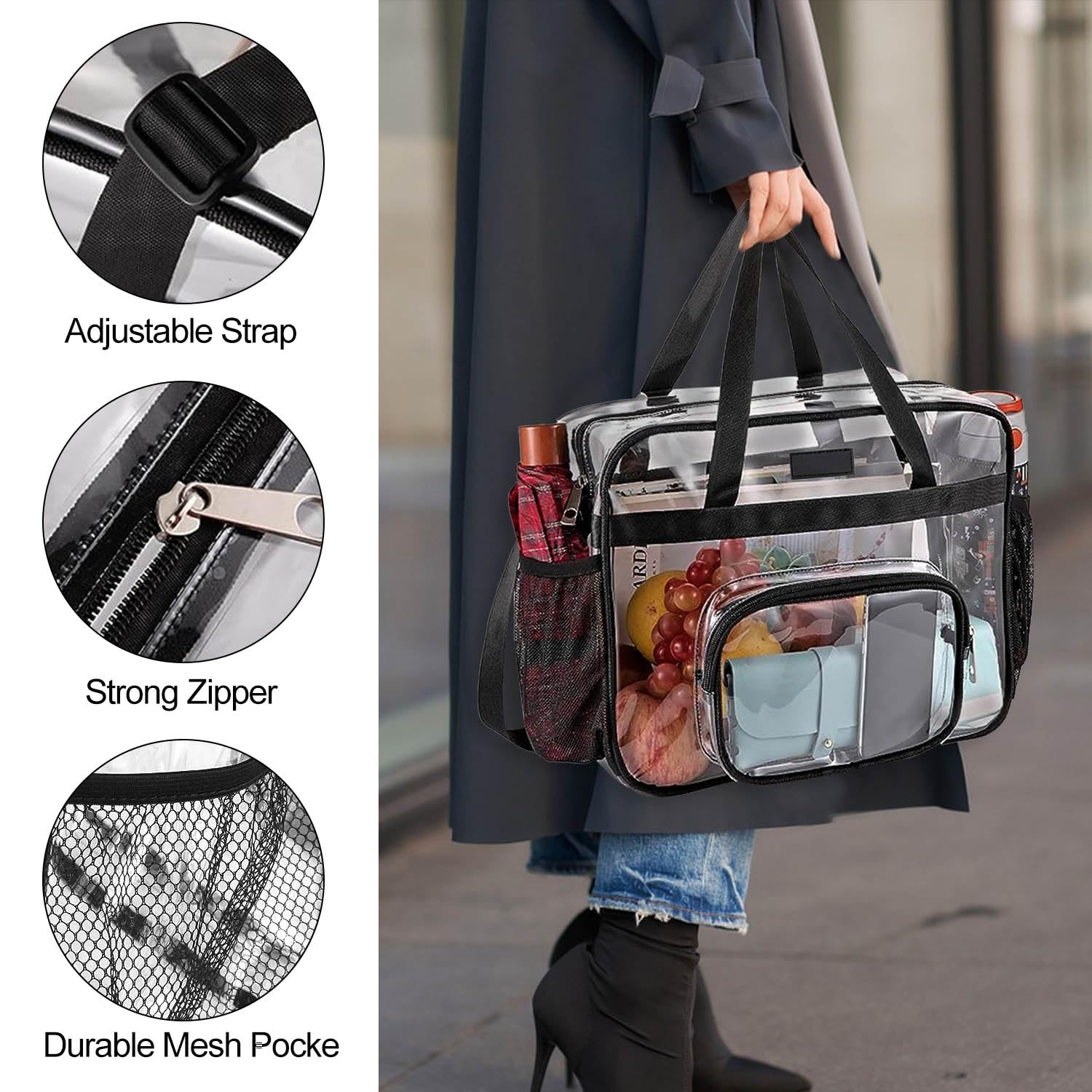 Borsa Trasparente, 30 x 30 x 15 cm Donna con Tasche con Cerniera, Clear Bag Approvata Dallo Stadio, Pochette Trasparente da Viaggio per Biblioteca, Aeroporto, Spiaggia