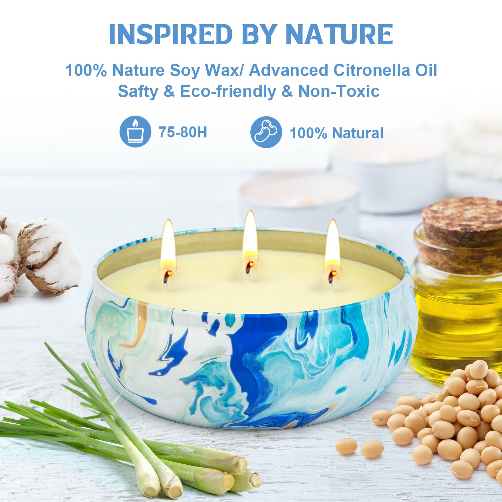 Citronella Candles Outdoor Large - 3 x 12oz 3-Wick Tin Candle for Home Patio up to 240 Hours Burning, Natural Soy Wax Lemograss Candles Bulk for Outside Garden Yard Balcony, Summer Camping Huge Candle